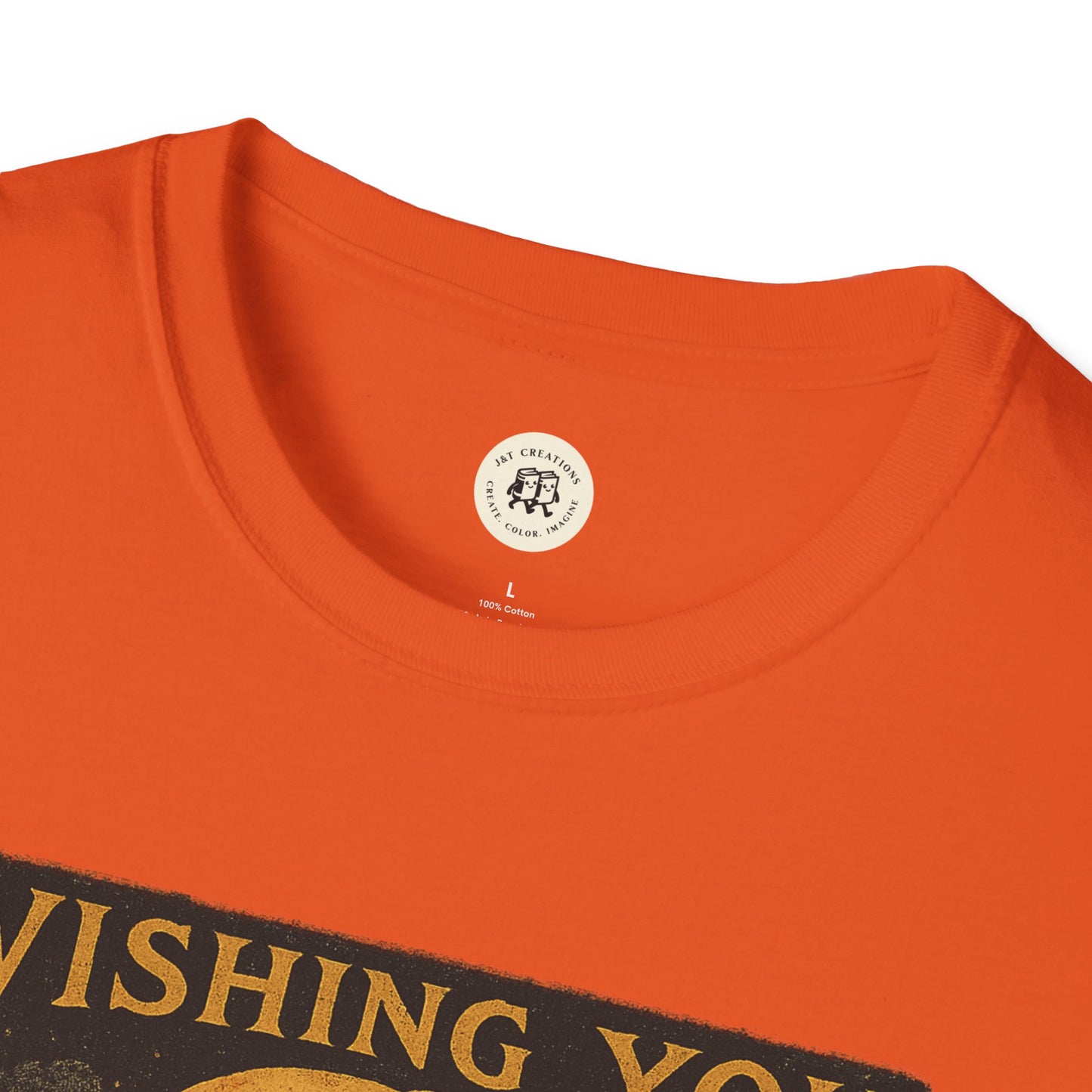 Orange Halloween spooky t-shirt unisex close up crewneck with vintage distressed black and gold print