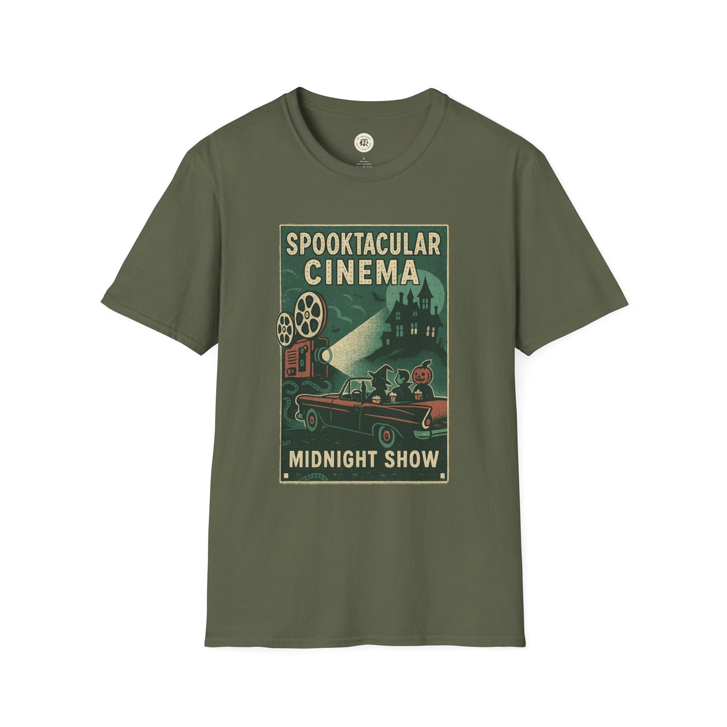 Olive green vintage cinema t-shirt with spooky movie projector and midnight show graphic