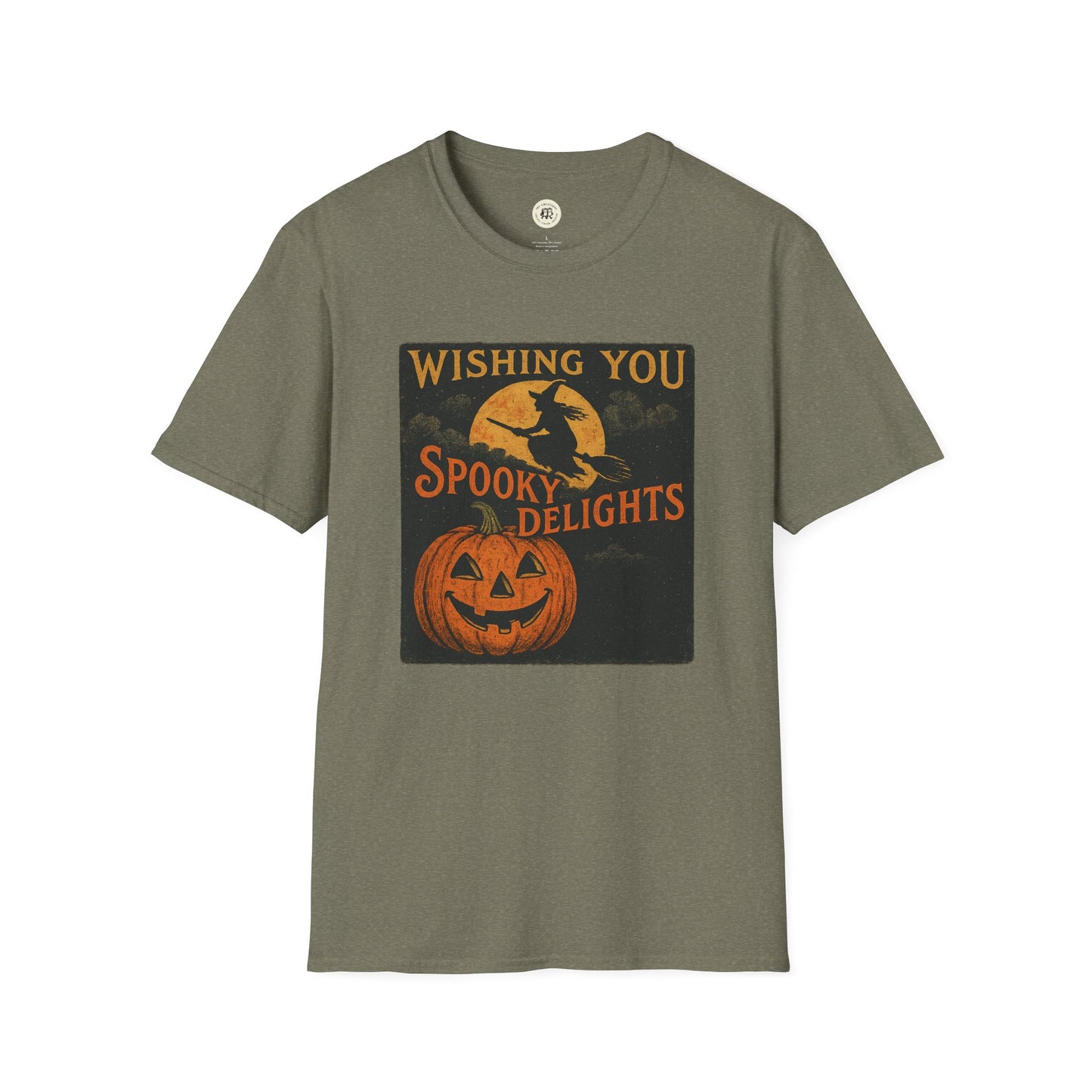 Printify olive green tee with vintage witch and jack o lantern graphic Wishing You Spooky Delights Halloween spooky t-shirt unisex