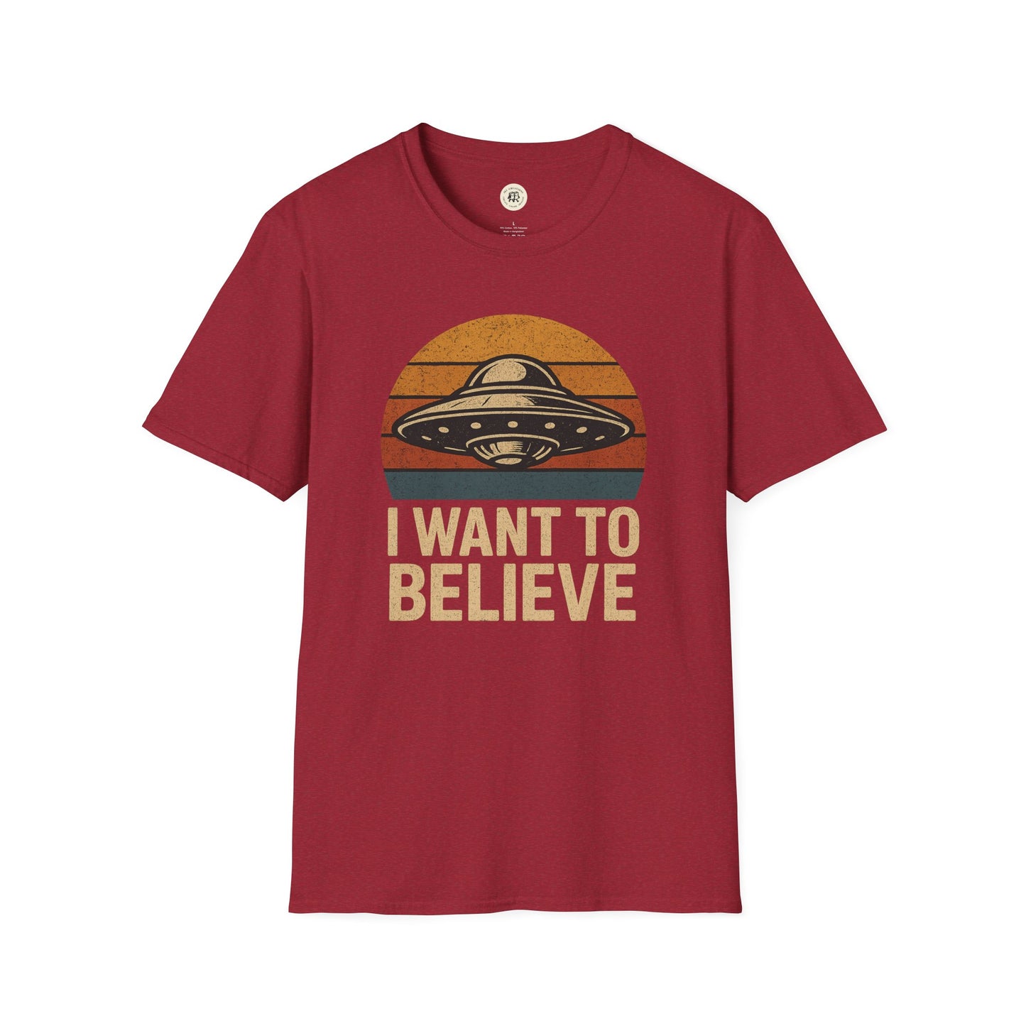 Red retro UFO t-shirt with vintage spaceship graphic and I Want To Believe text
