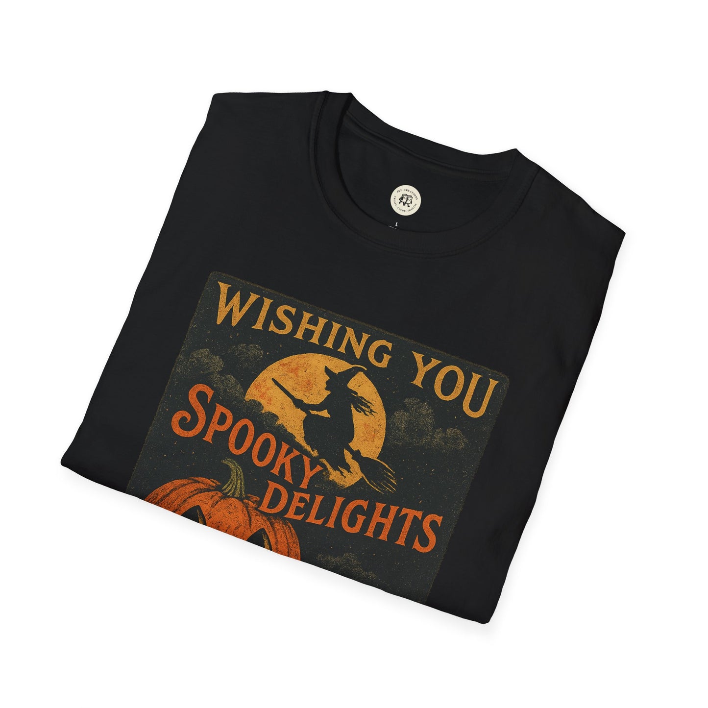 Printify black folded tee with vintage witch moon and pumpkin design Wishing You Spooky Delights Halloween spooky t-shirt unisex