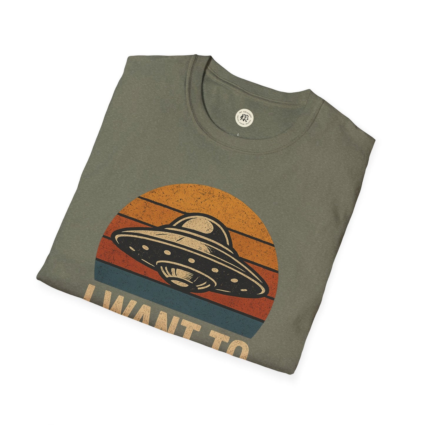 Printify retro UFO t-shirt in olive green with vintage flying saucer graphic and sunset stripes