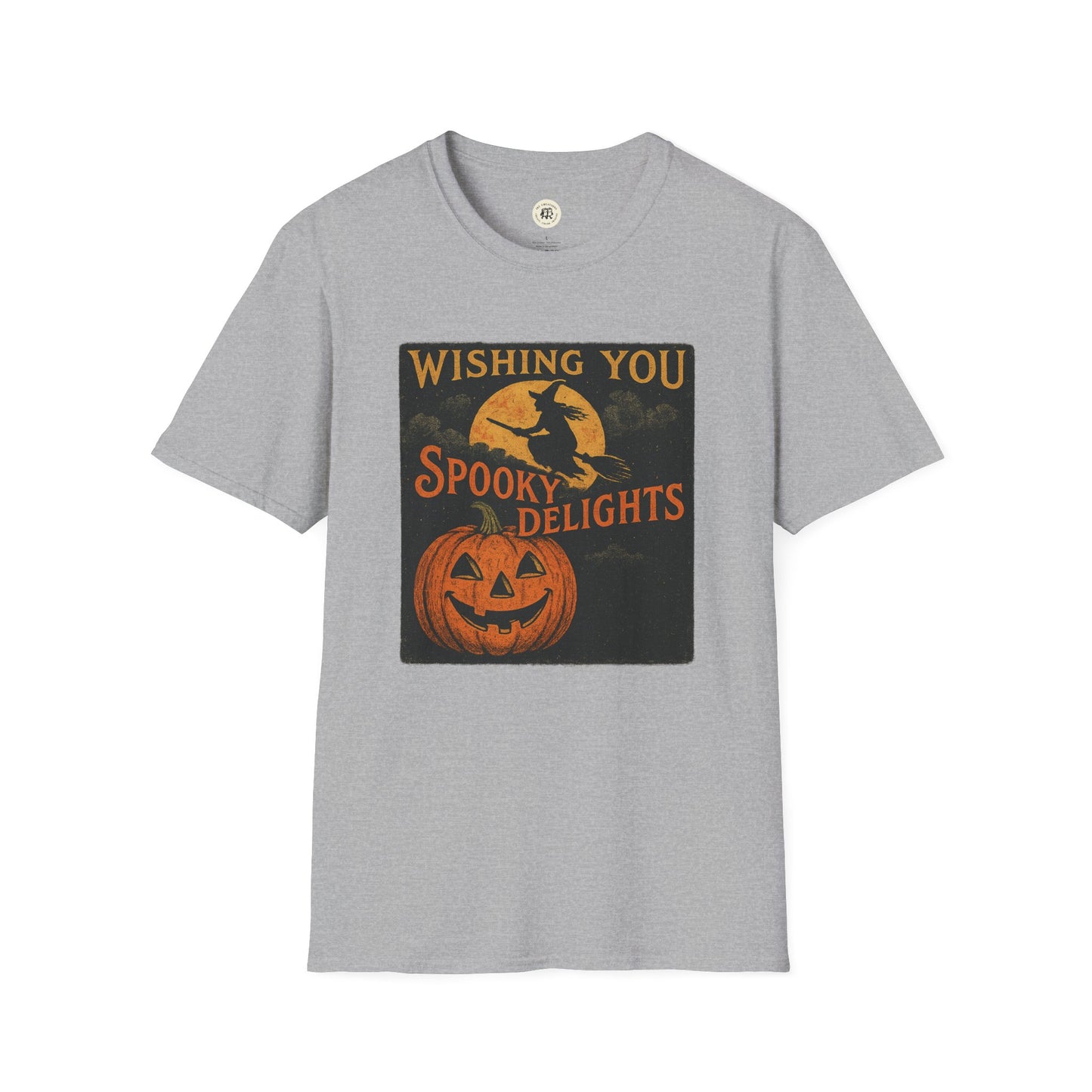 Printify Halloween spooky t-shirt unisex gray tee with vintage jack o lantern pumpkin and witch silhouette design