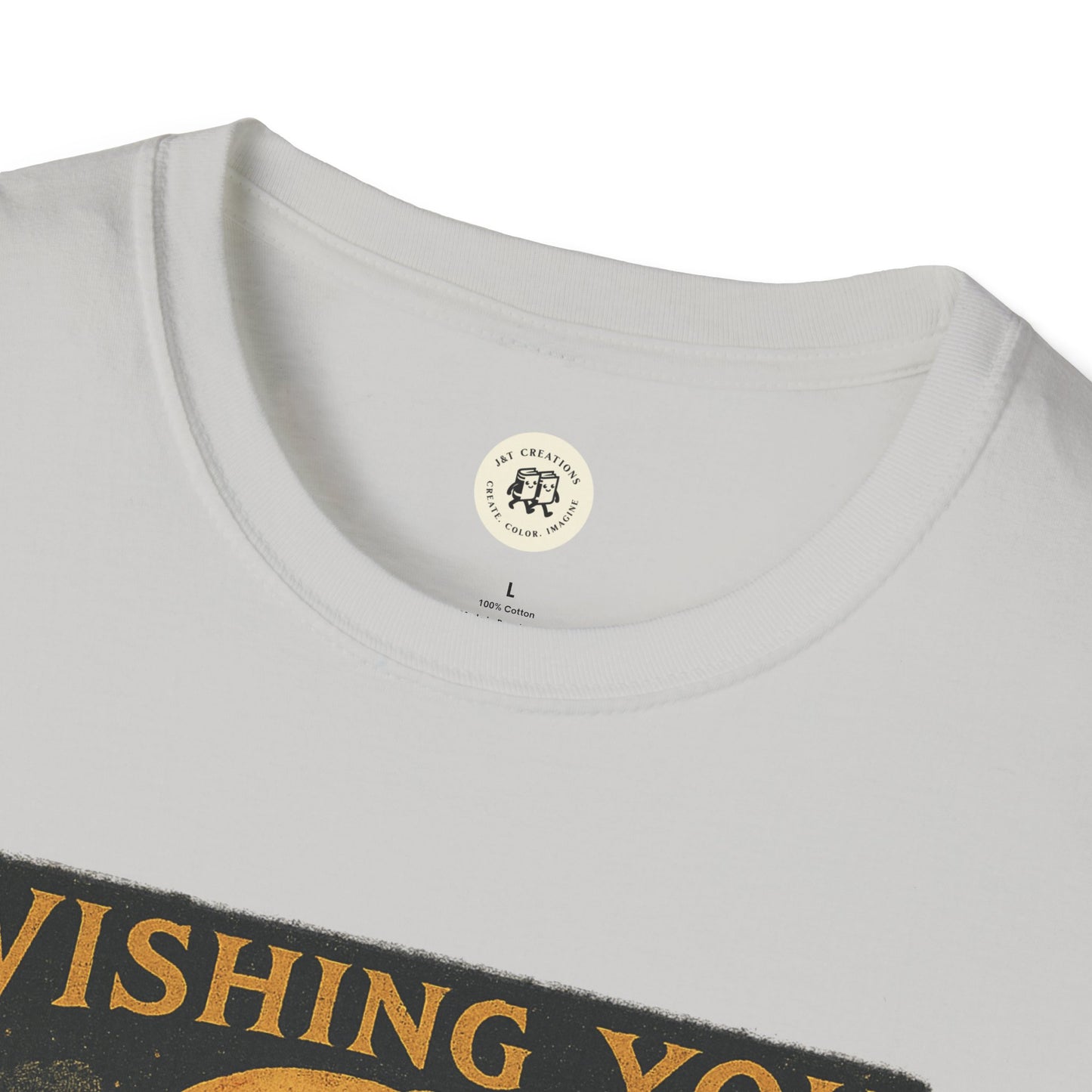 Printify white crew neck Halloween spooky t-shirt unisex closeup showing partial vintage orange Halloween graphic and neckline