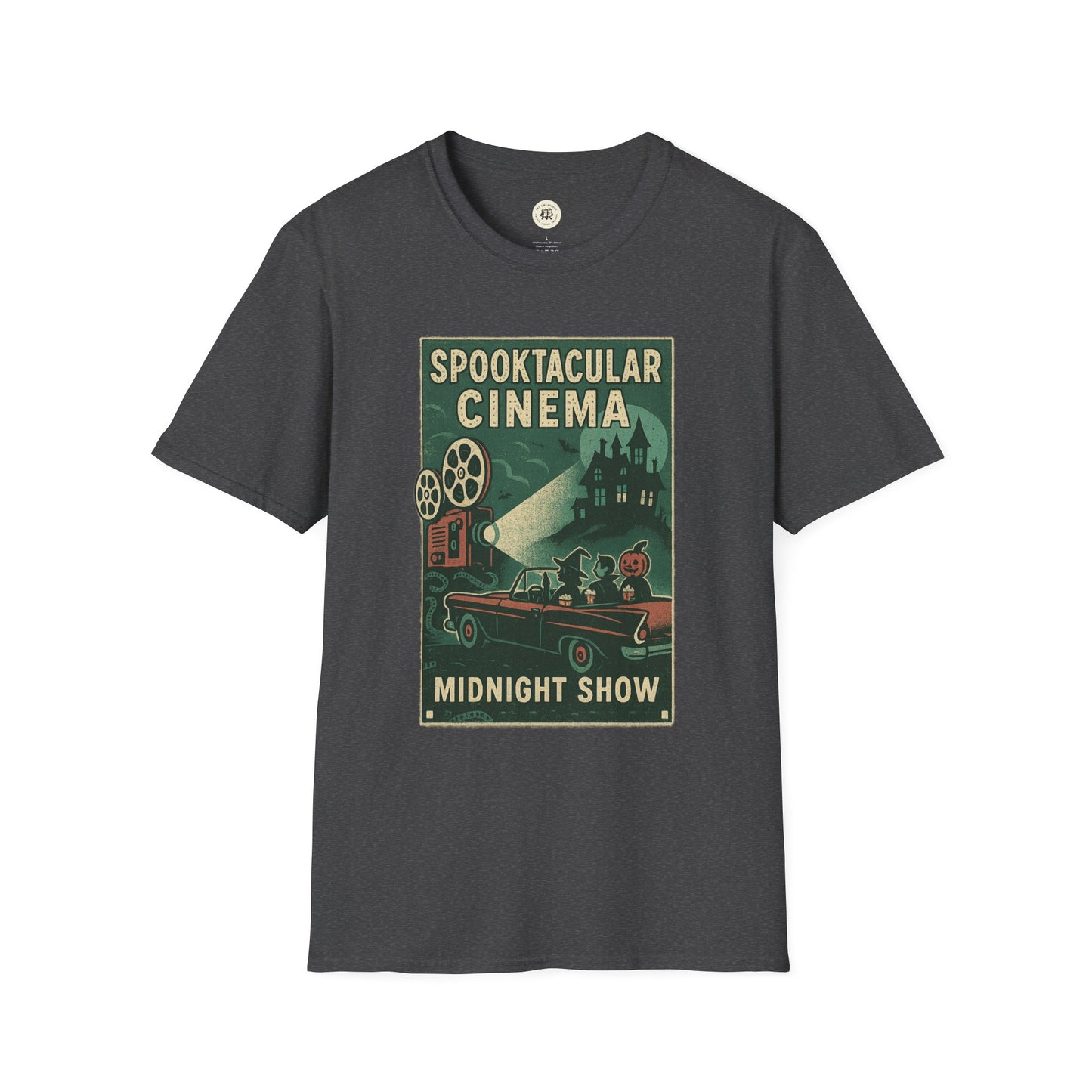 Charcoal Printify vintage cinema t-shirt with spooky midnight show graphic and retro film projector design
