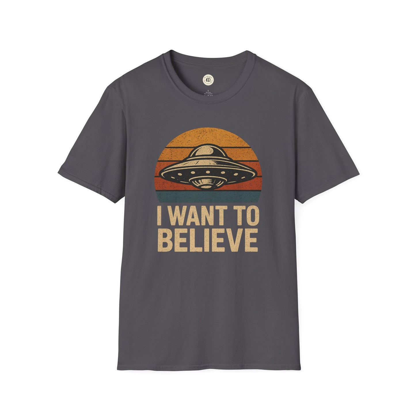 Printify retro UFO t-shirt in dark gray with vintage flying saucer and I want to believe text