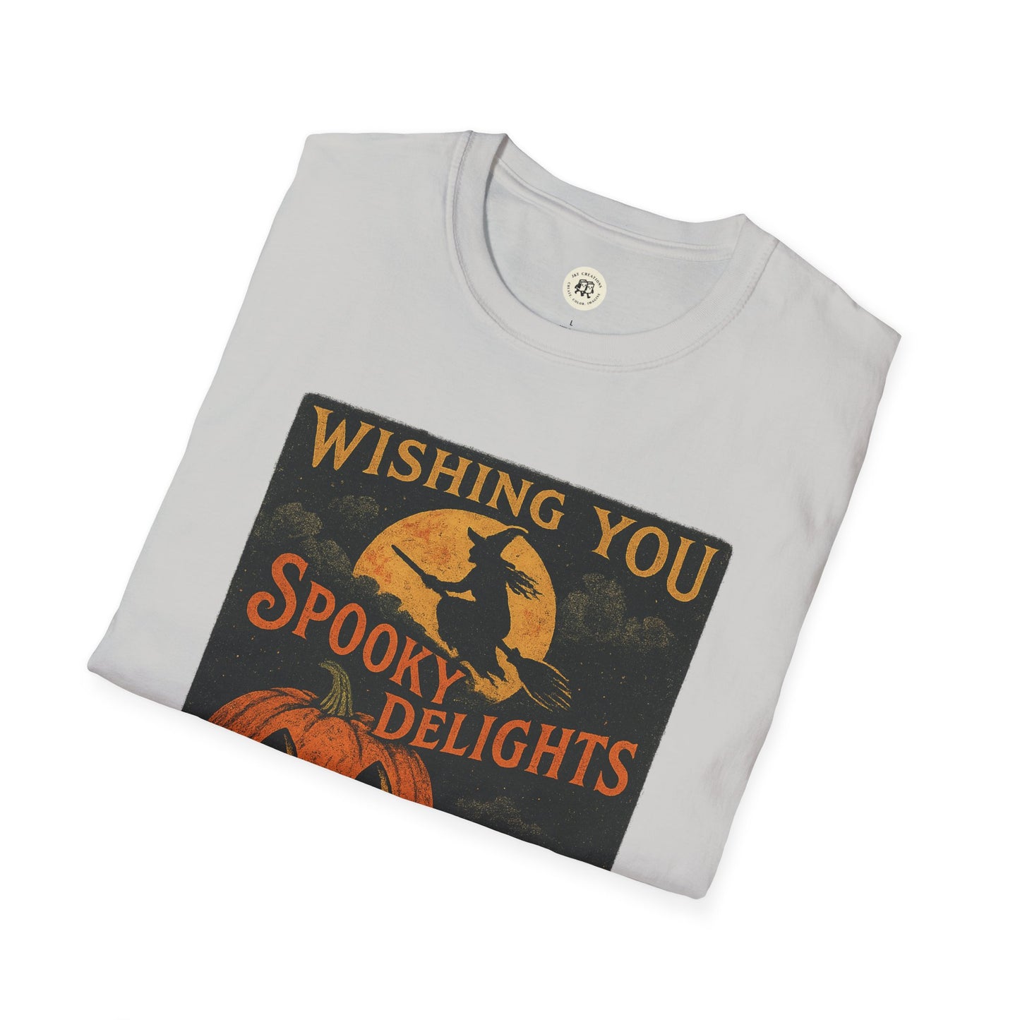 Printify Halloween spooky t-shirt unisex folded light gray tee with vintage witch moon pumpkin Wishing You Spooky Delights design