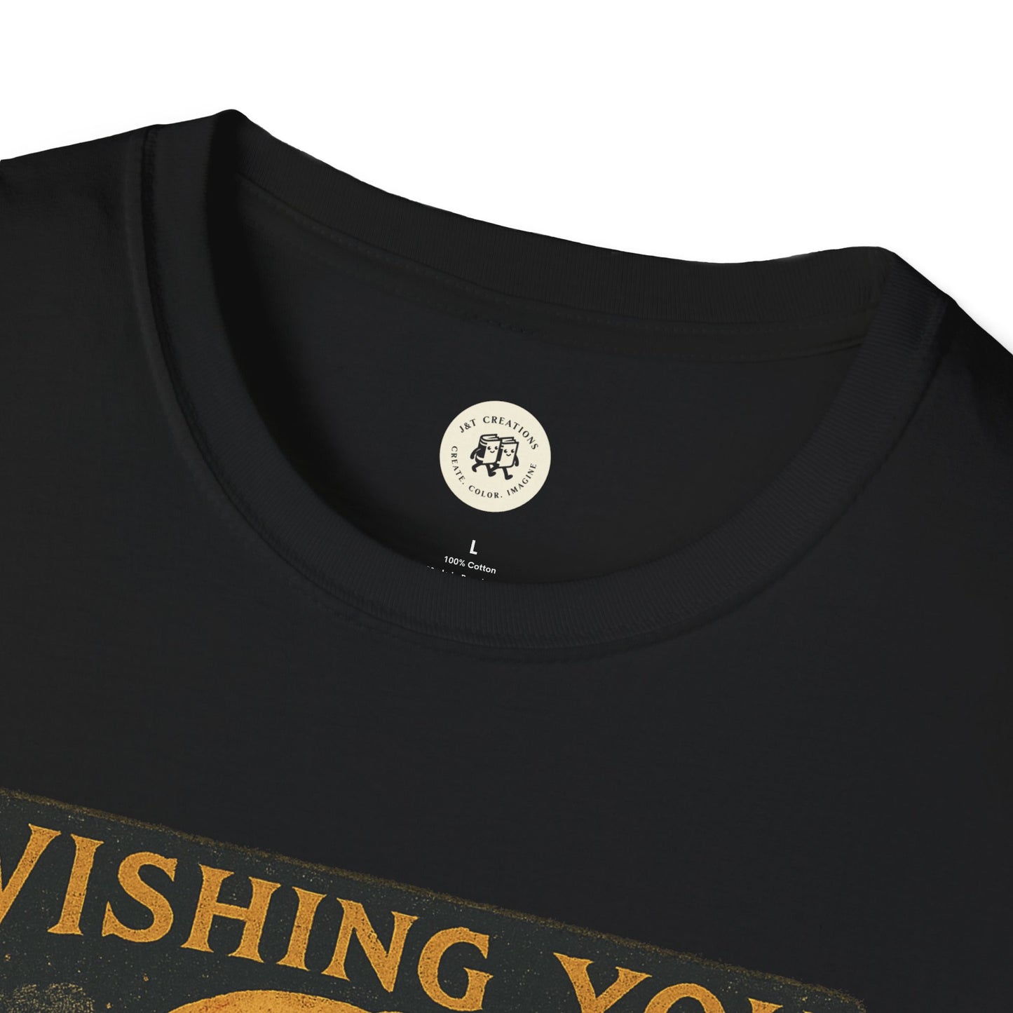 Close up of black crew neck t shirt with vintage gold Halloween print Halloween spooky t-shirt unisex