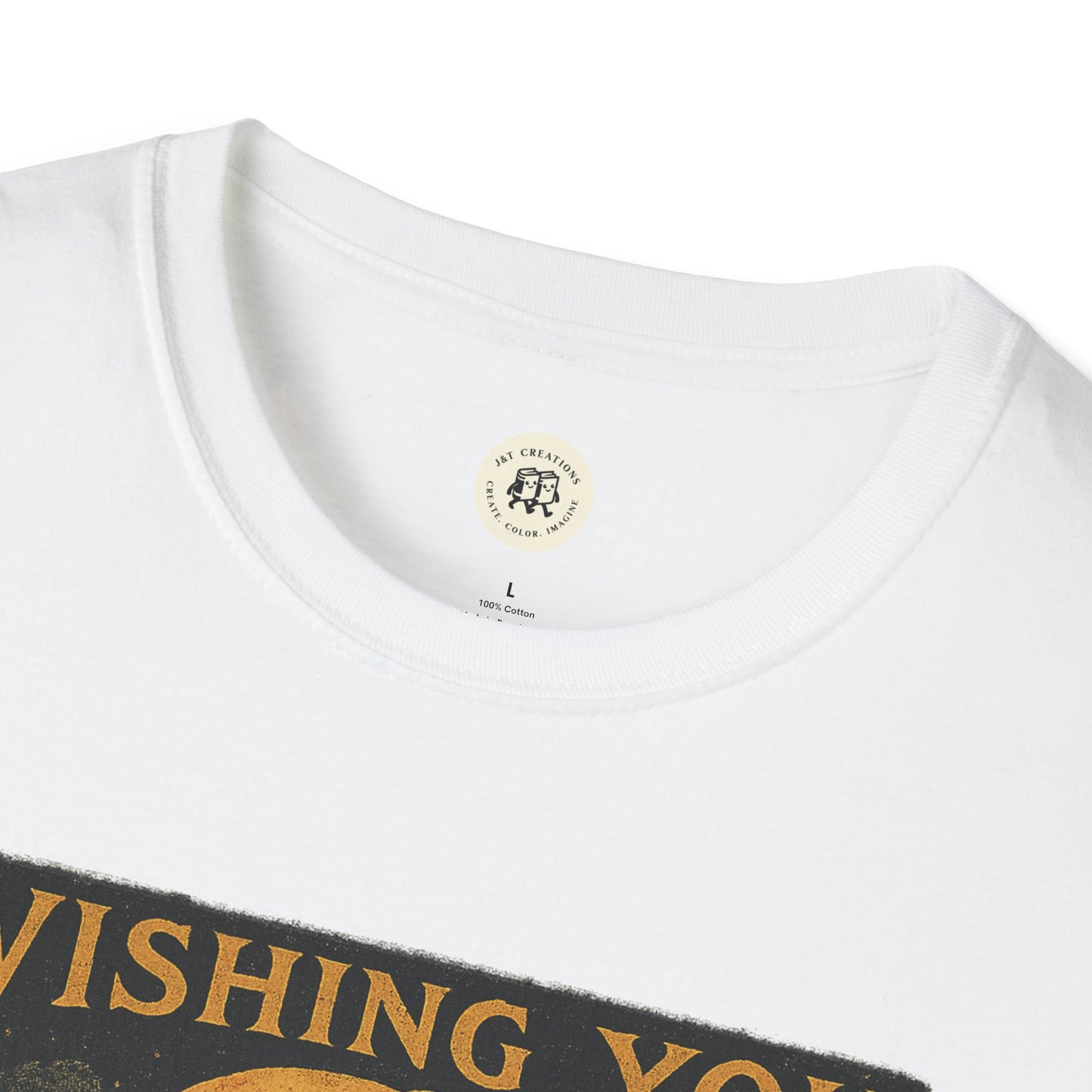 Printify white cotton crewneck shirt with partial Halloween graphic and tag Halloween spooky t-shirt unisex