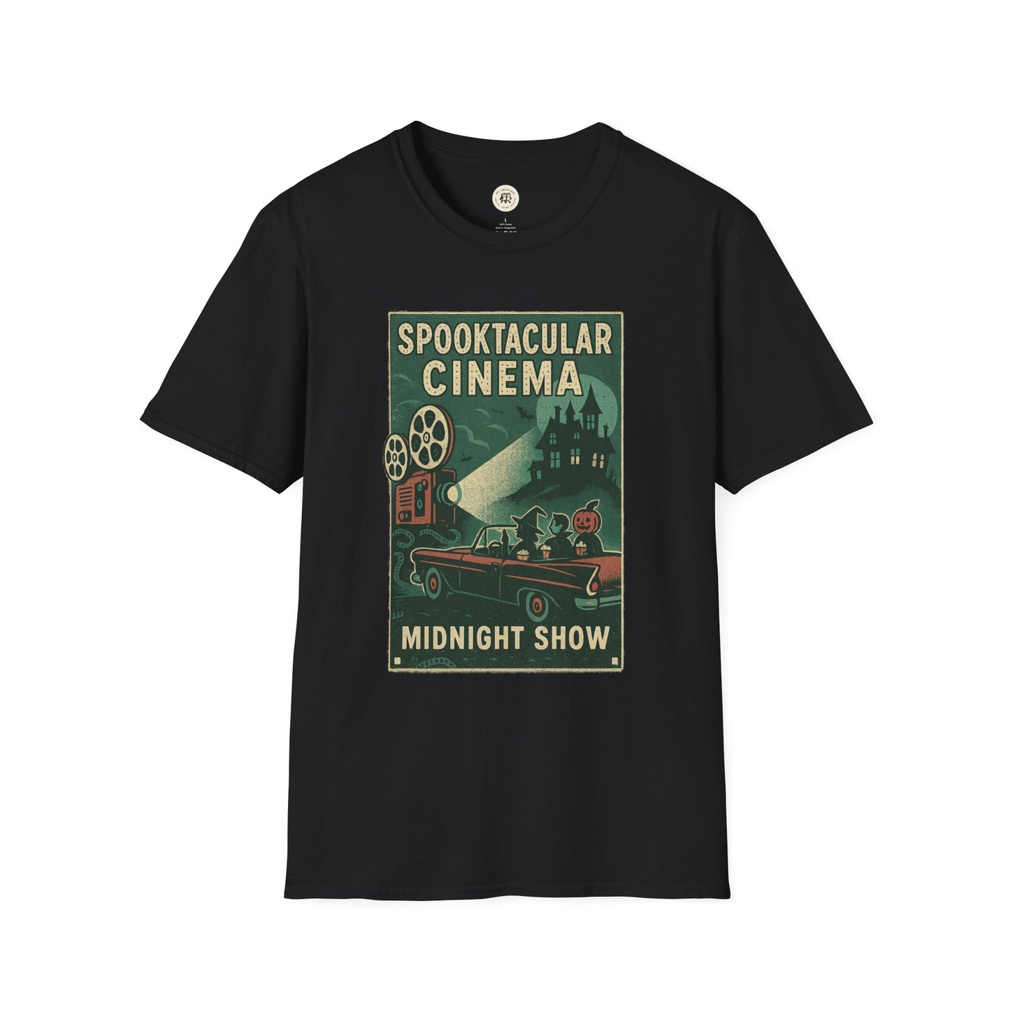 Black Printify vintage cinema t-shirt with spooky retro midnight show graphic design