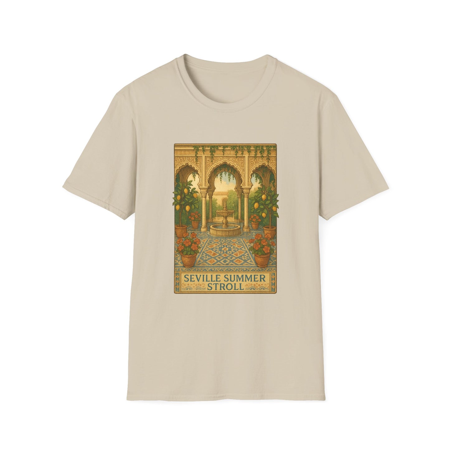 Seville Courtyard T-Shirt | Mediterranean Travel Shirt | Italy Greece Coastal Tee | Summer Graphic | Historic Style