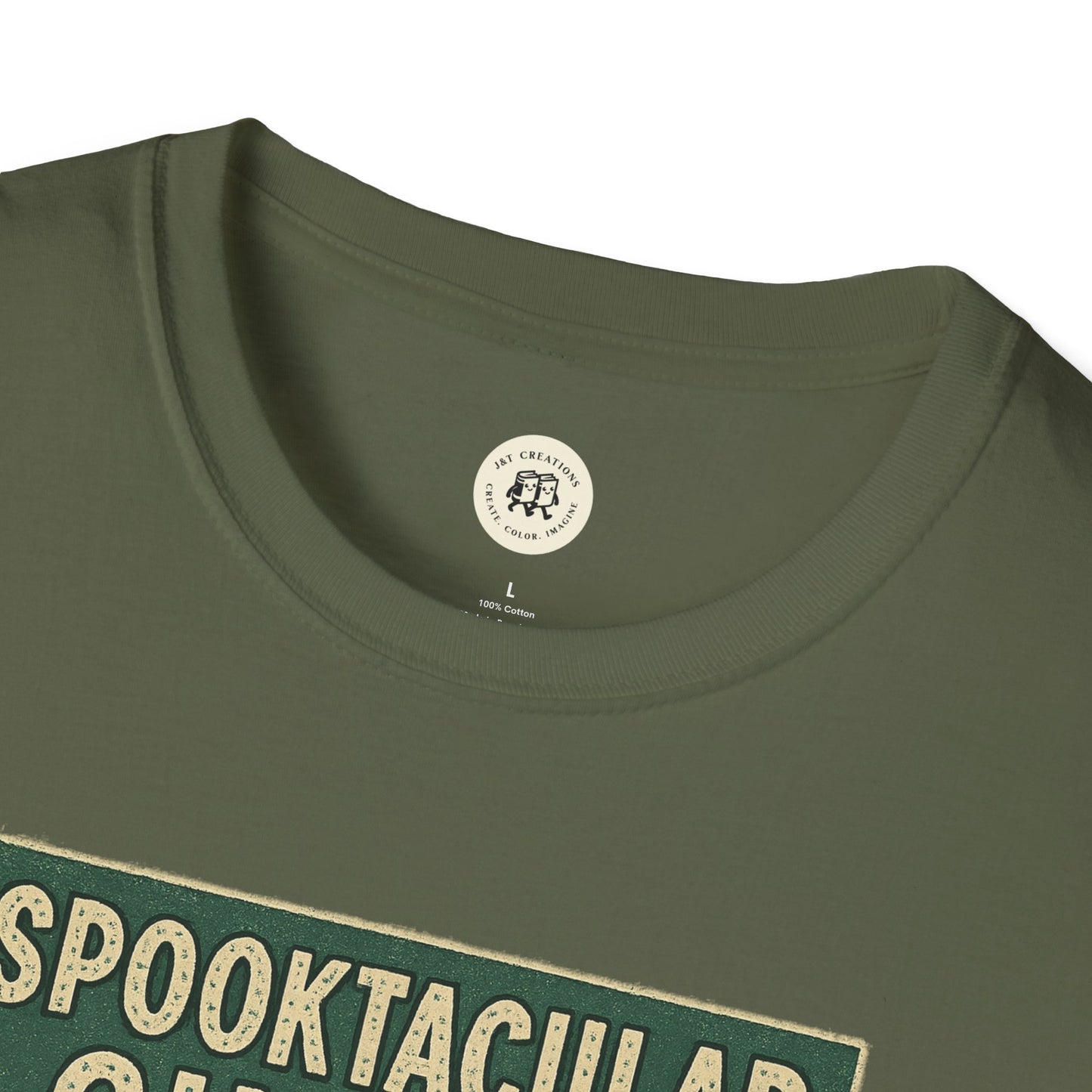Printify vintage cinema t-shirt in olive green with spooky retro text design close-up