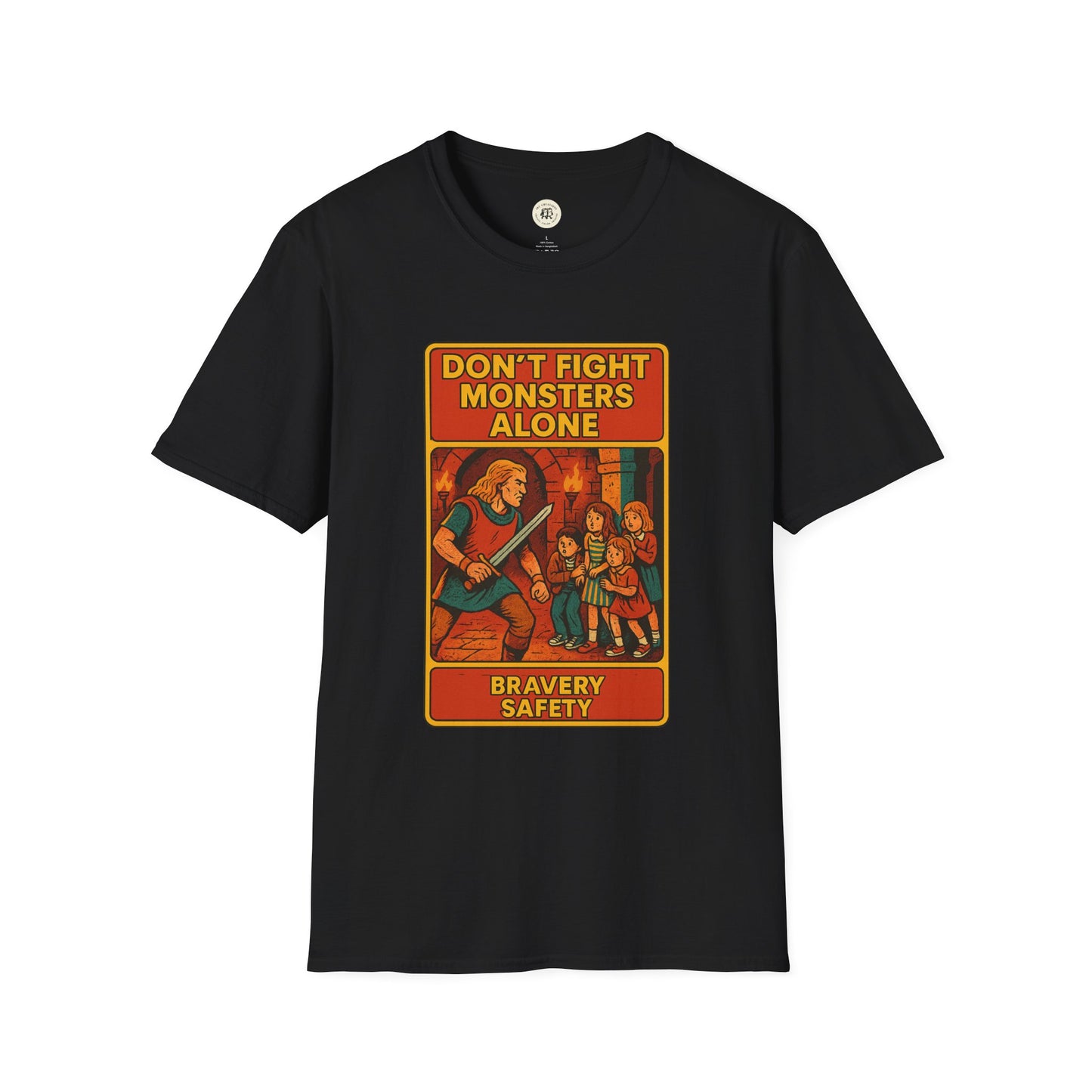 Black Beowolf bravery t-shirt with Donβt Fight Monsters Alone graphic and bravery safety text