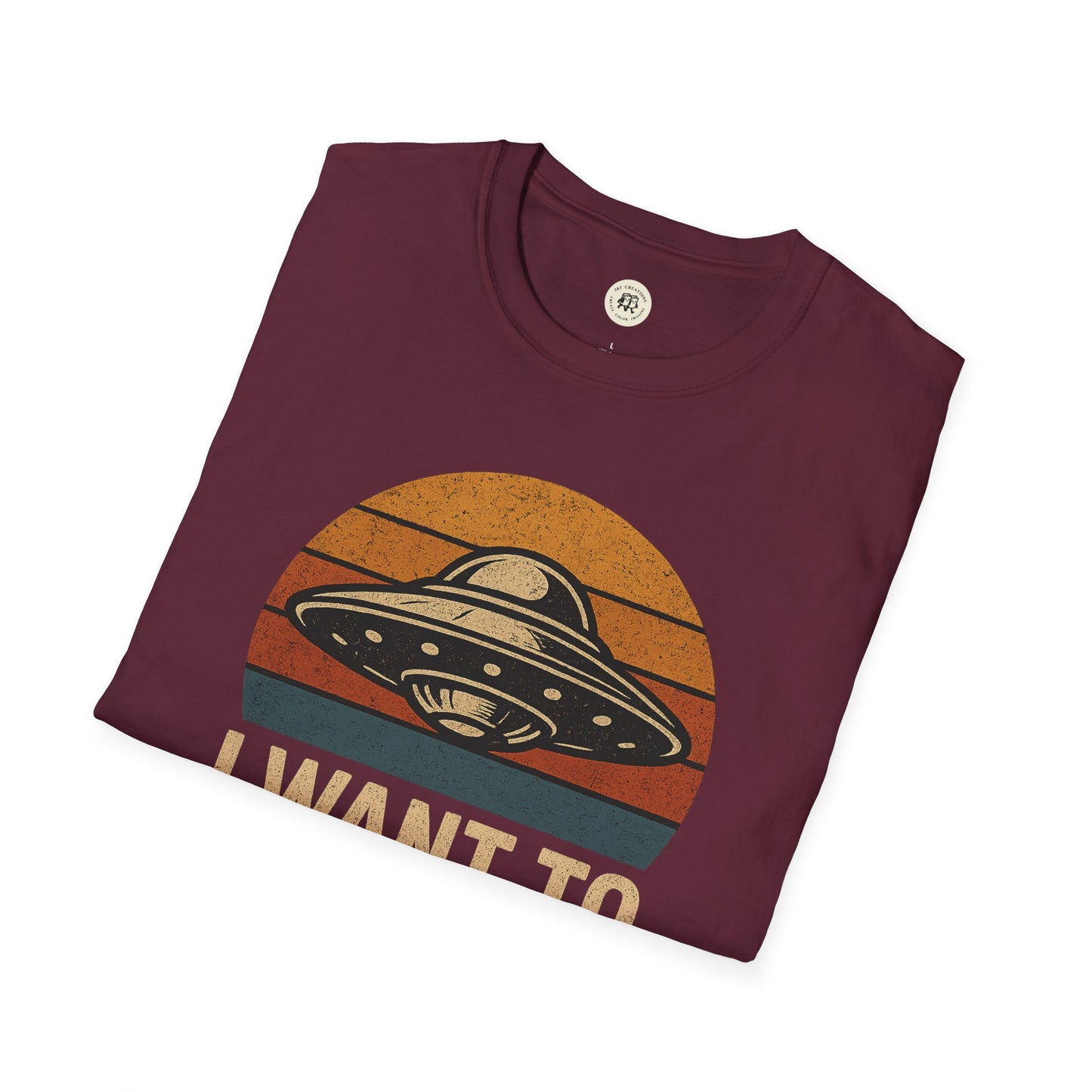 Maroon Printify retro UFO t-shirt with vintage spaceship graphic and striped background