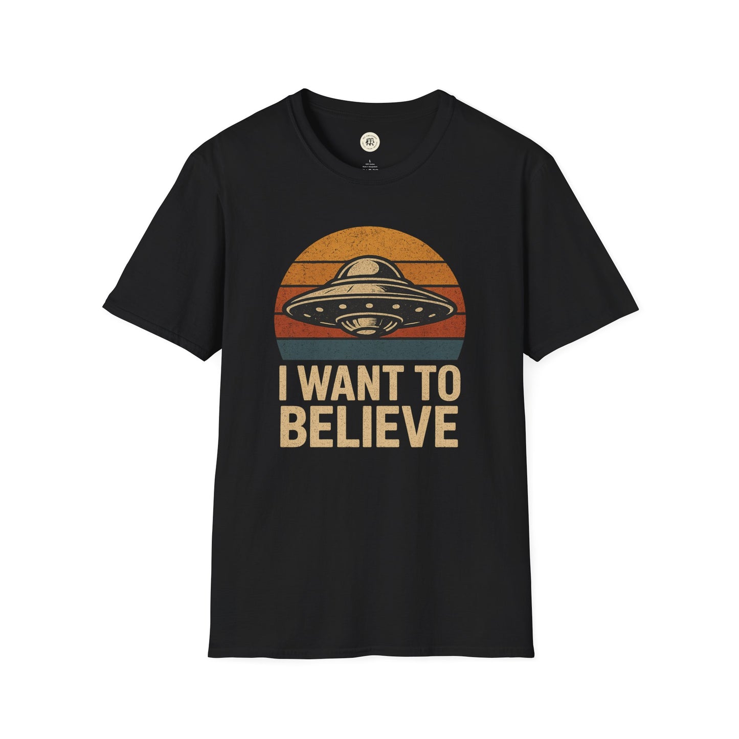 Black Printify retro UFO t-shirt with vintage UFO graphic and I want to believe text
