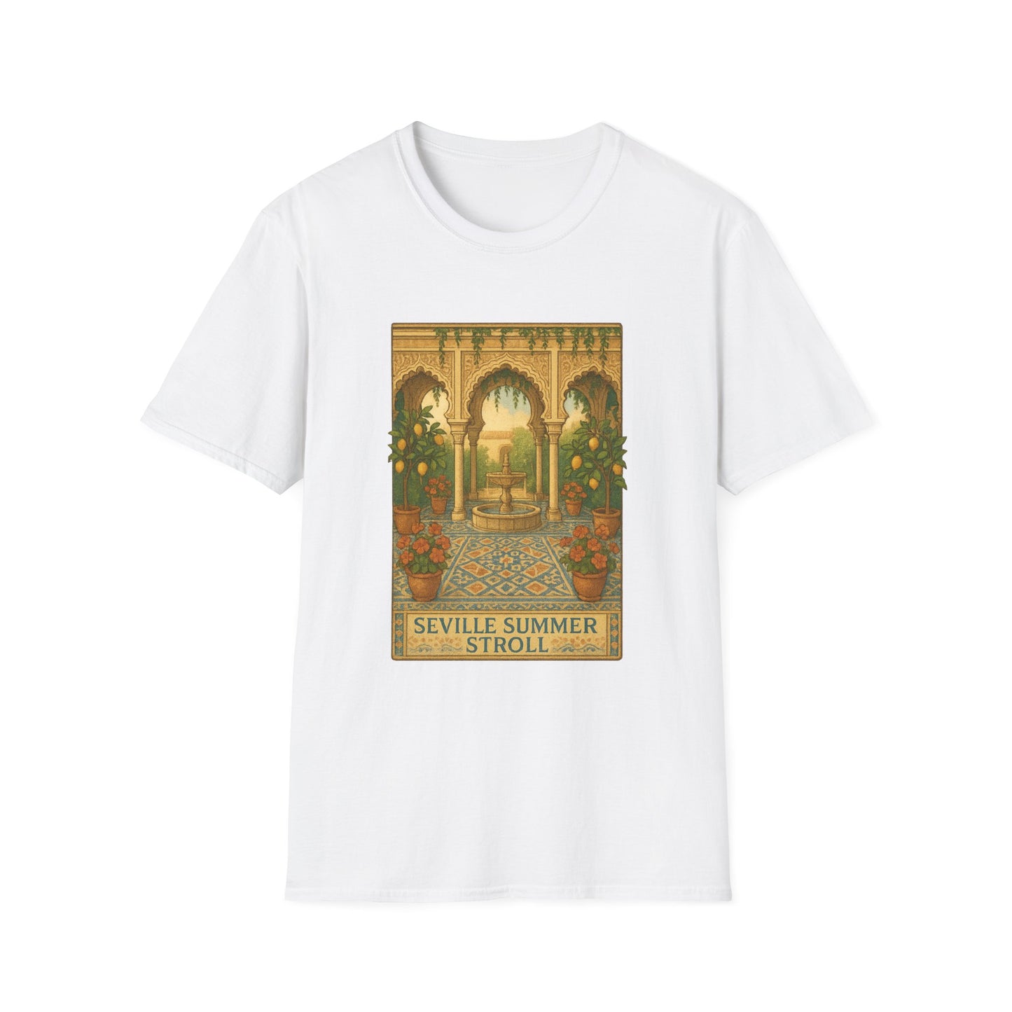 Seville Courtyard T-Shirt | Mediterranean Travel Shirt | Italy Greece Coastal Tee | Summer Graphic | Historic Style