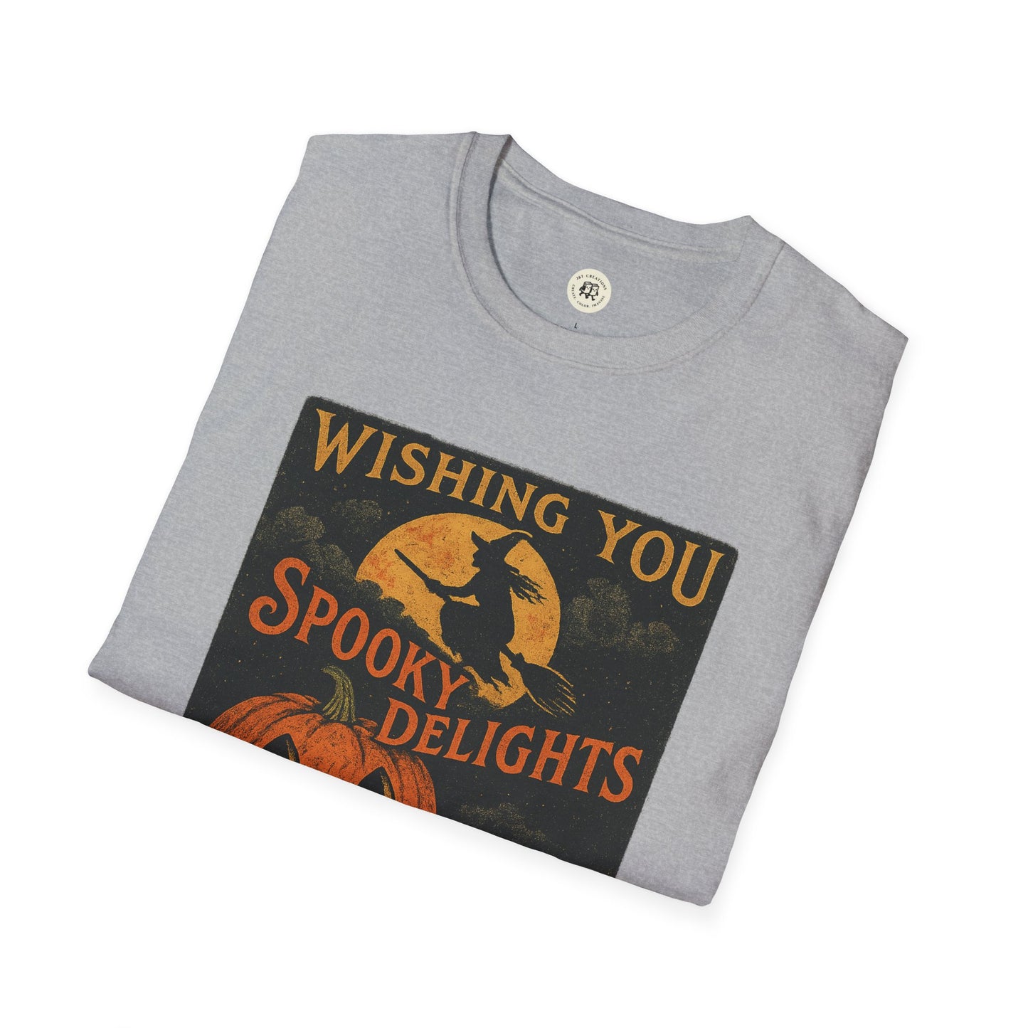 Halloween spooky t-shirt unisex light gray folded tee with vintage witch and pumpkin Wishing You Spooky Delights design