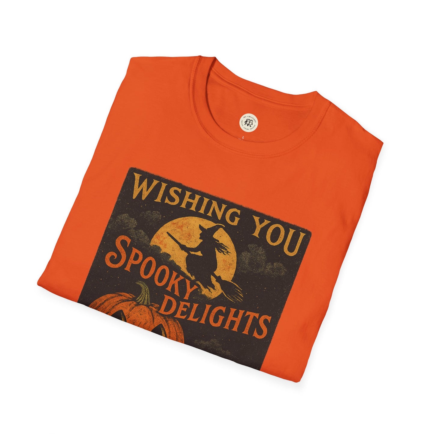 Orange folded Printify Halloween spooky t-shirt unisex with vintage witch moon pumpkin Wishing You Spooky Delights design