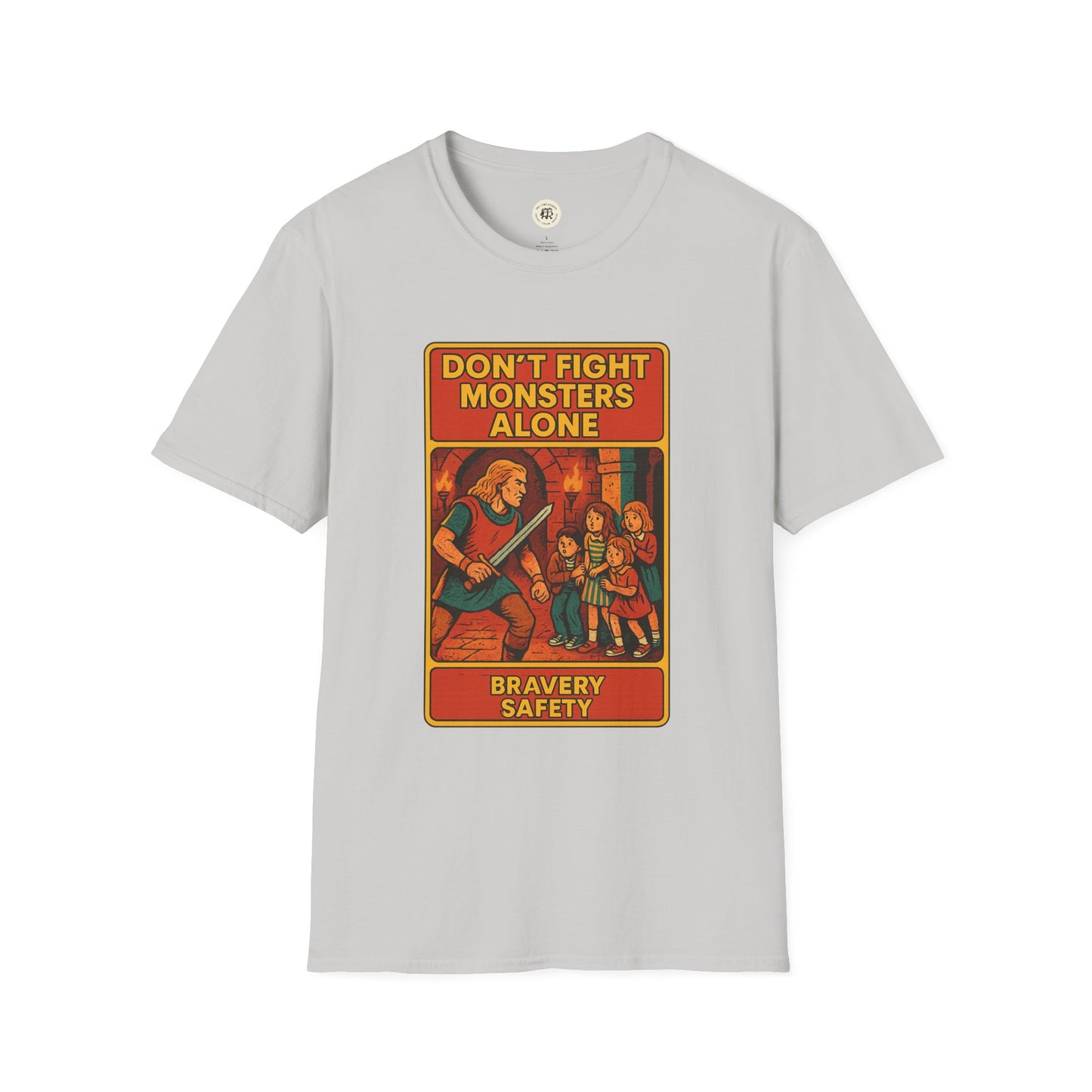 Printify Beowolf bravery t-shirt with vintage style graphic and motivational text in red and orange