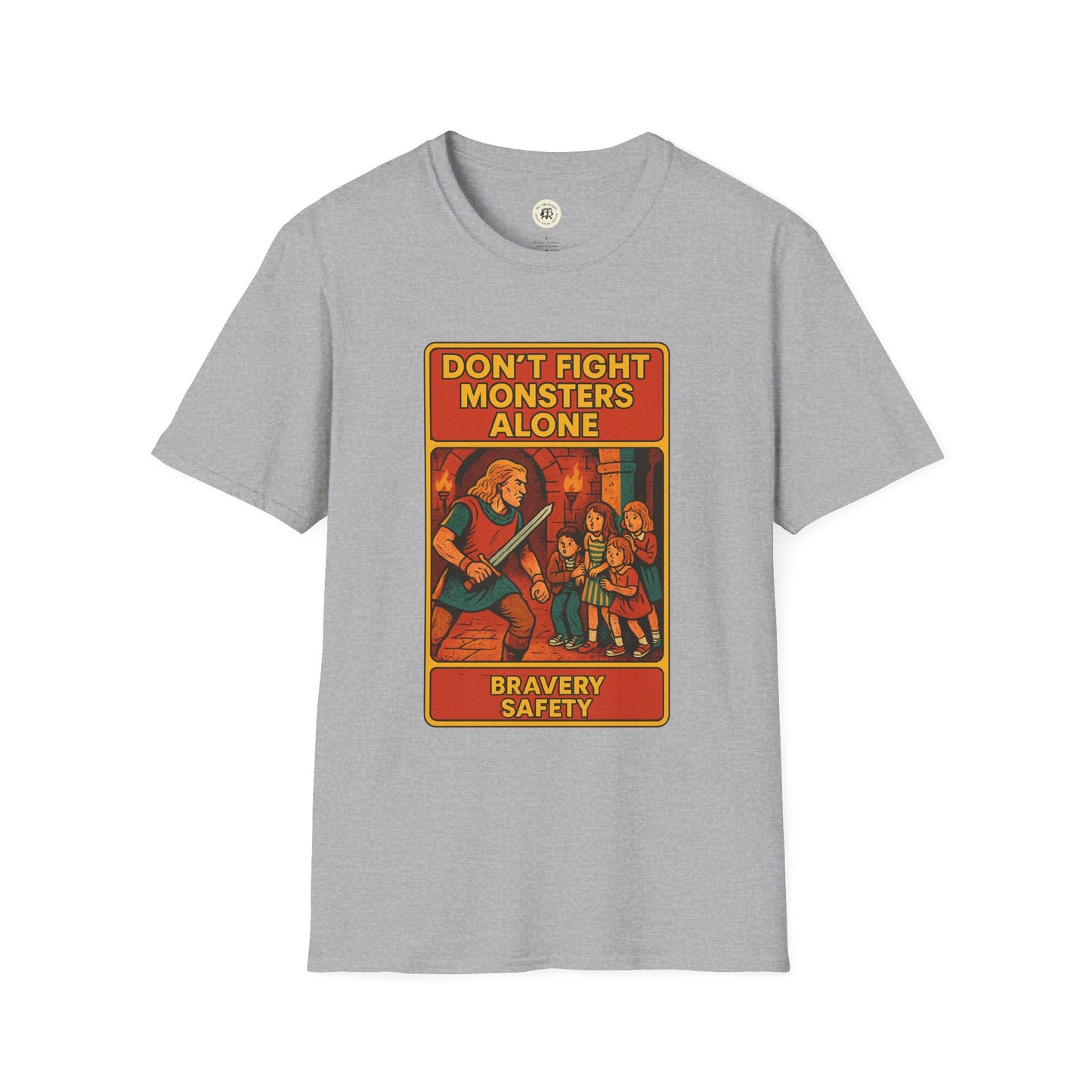 Printify gray Beowolf bravery t-shirt with Dont Fight Monsters Alone graphic design