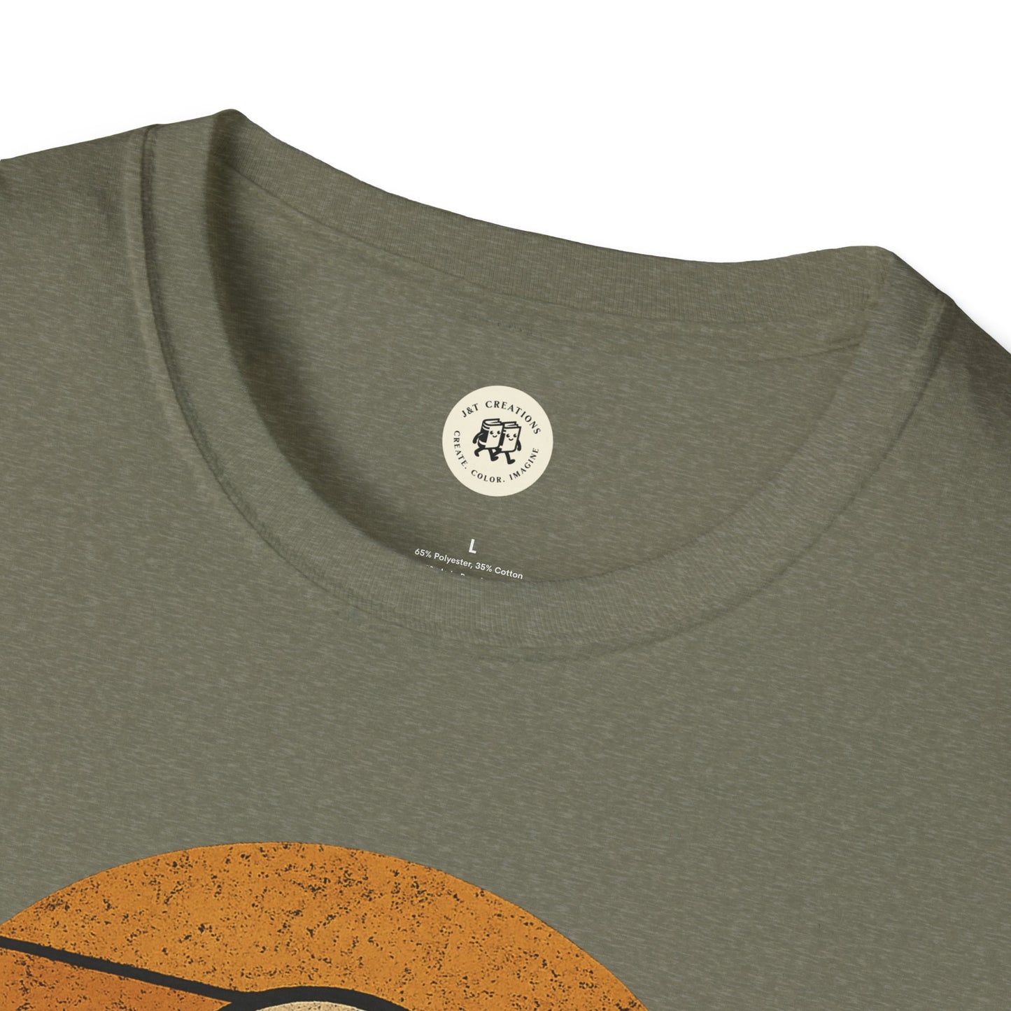 Close-up of Printify retro UFO t-shirt collar and upper design in olive green fabric