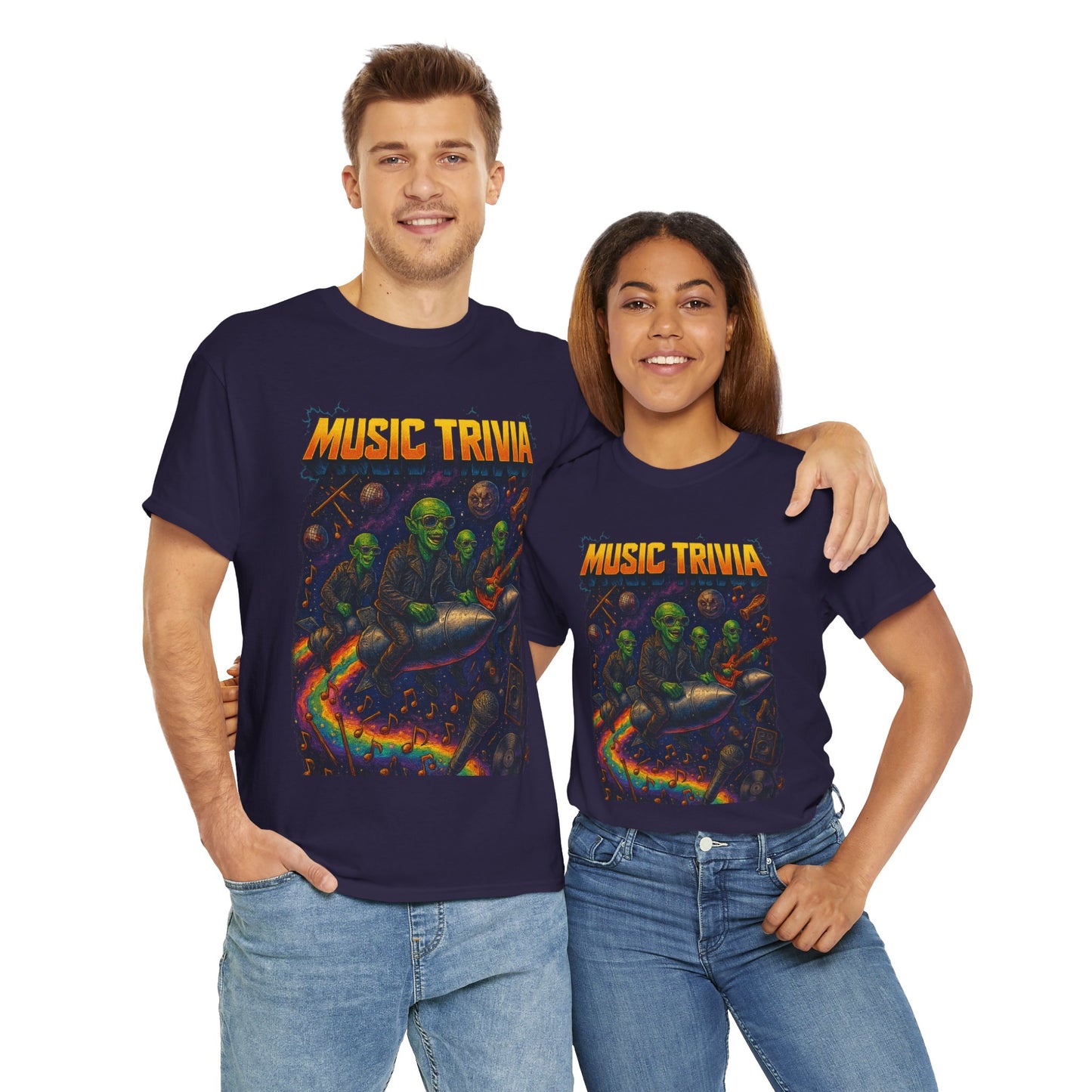 Music Trivia T-Shirt with Retro Alien Band Design