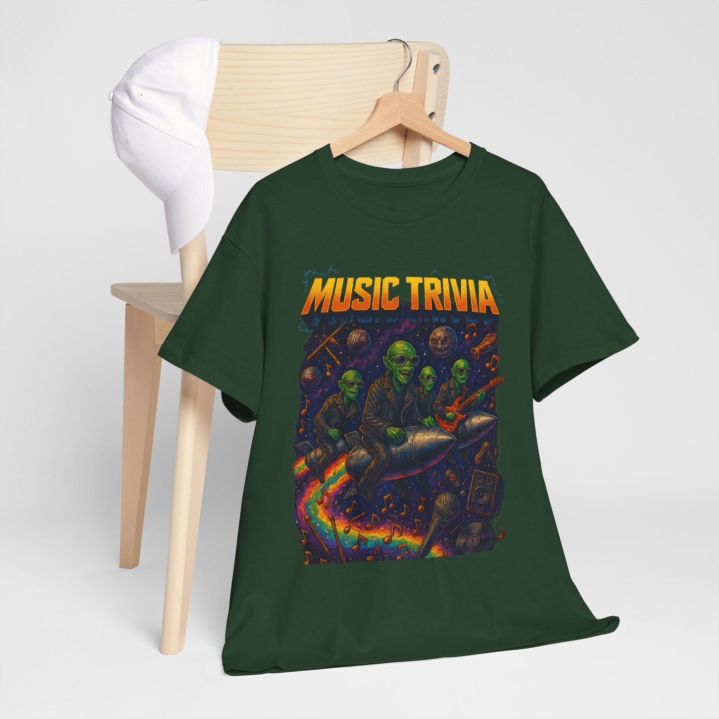 Music Trivia T-Shirt with Retro Alien Band Design