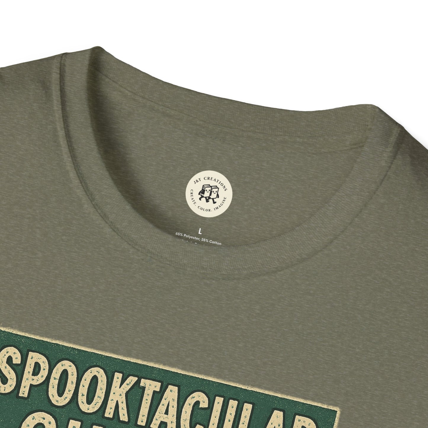 Close-up of Printify vintage cinema t-shirt in olive green with retro Spooktacular text design
