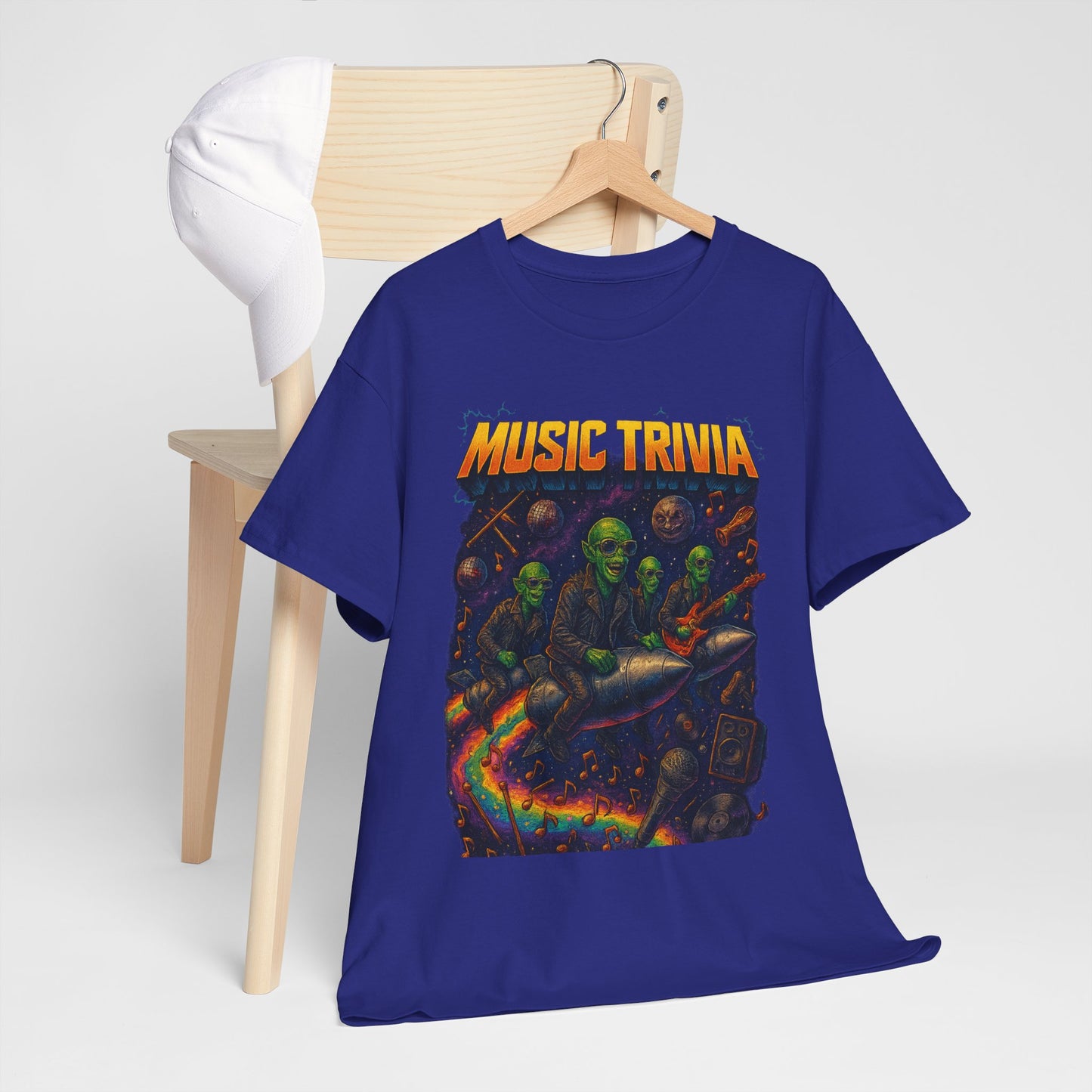 Music Trivia T-Shirt with Retro Alien Band Design