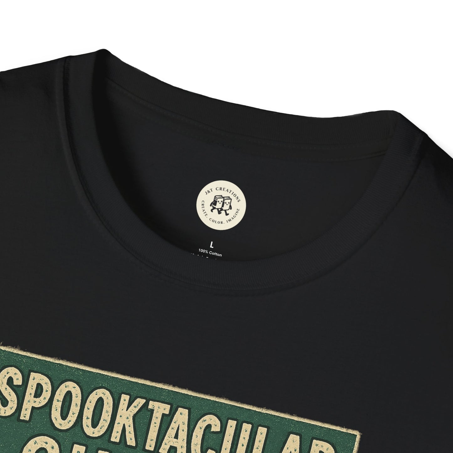 Close-up of black Printify vintage cinema t-shirt with spooky retro graphic design on front