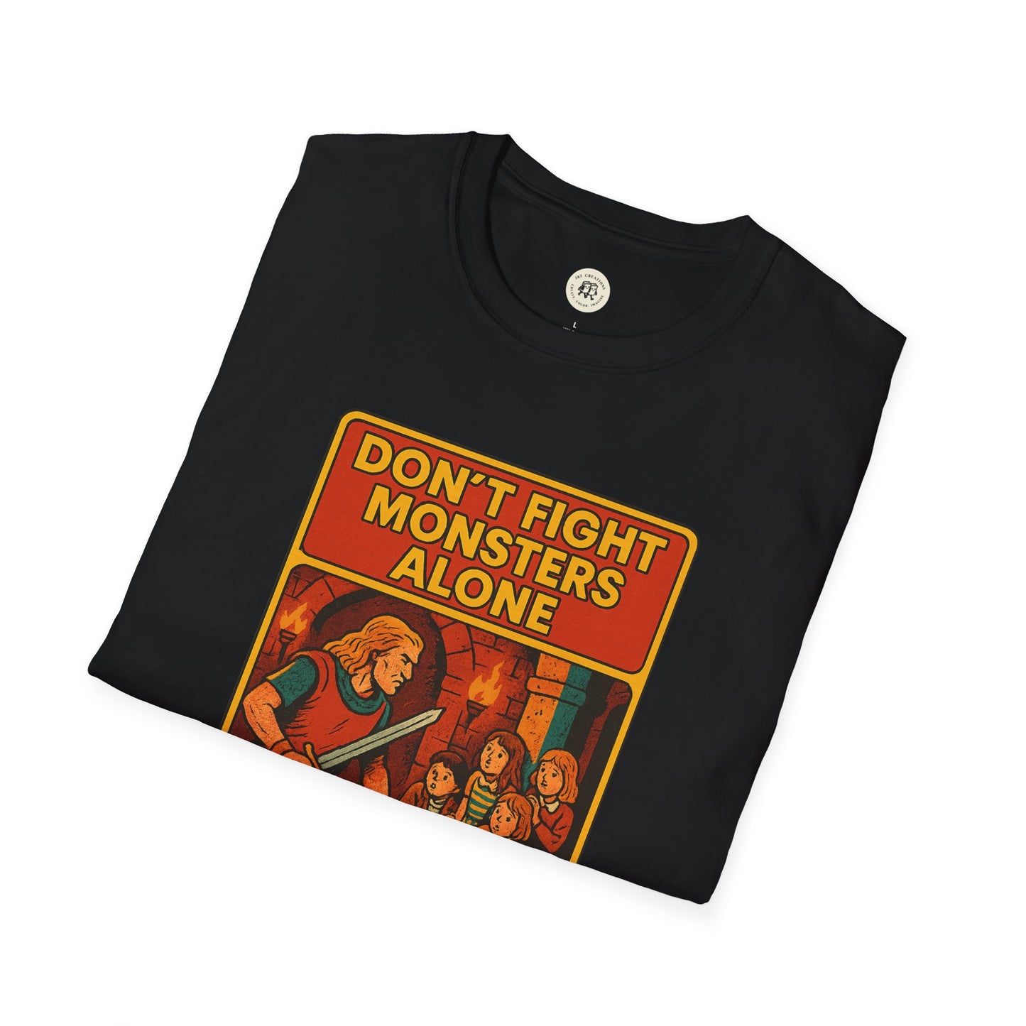 Black Beowolf bravery t-shirt featuring vintage comic style art with text Dont Fight Monsters Alone