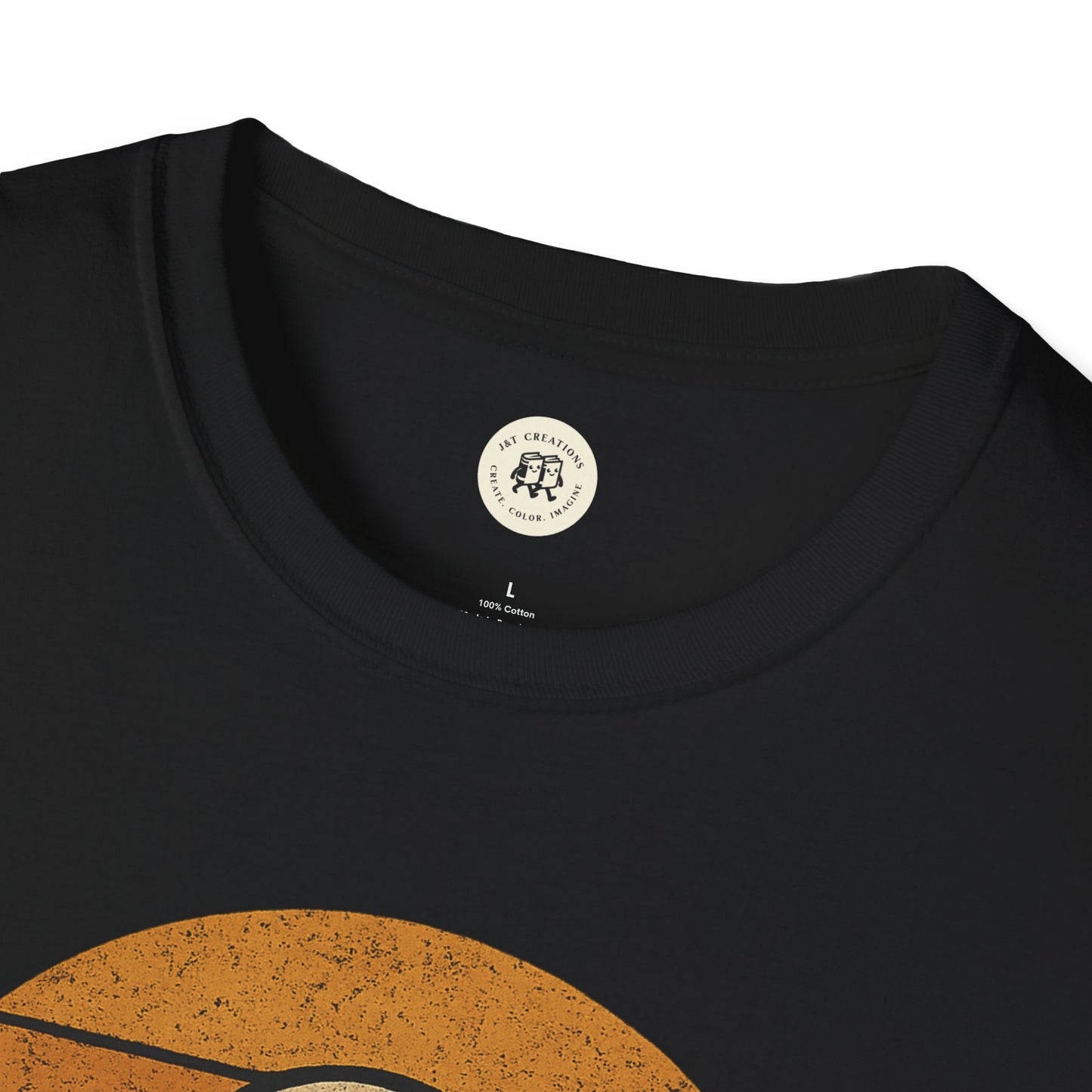 Black Printify retro UFO t-shirt with a distressed orange UFO design on cotton fabric