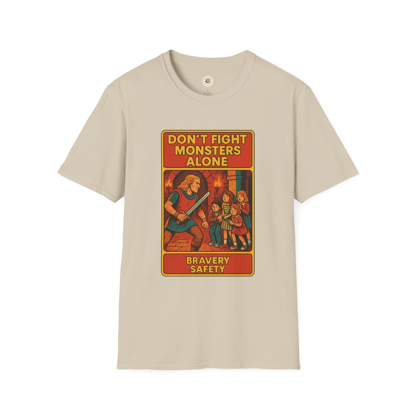 Beige Beowolf bravery t-shirt with vintage style graphic and text about fighting monsters and bravery