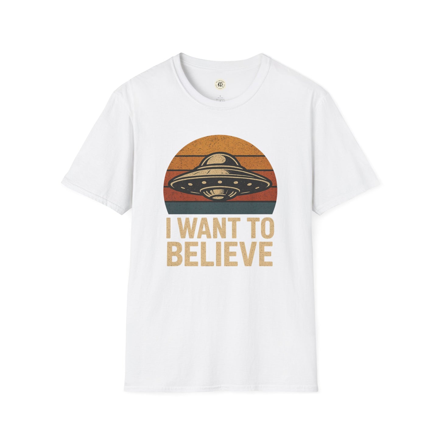 White Printify retro UFO t-shirt with vintage flying saucer and I want to believe text
