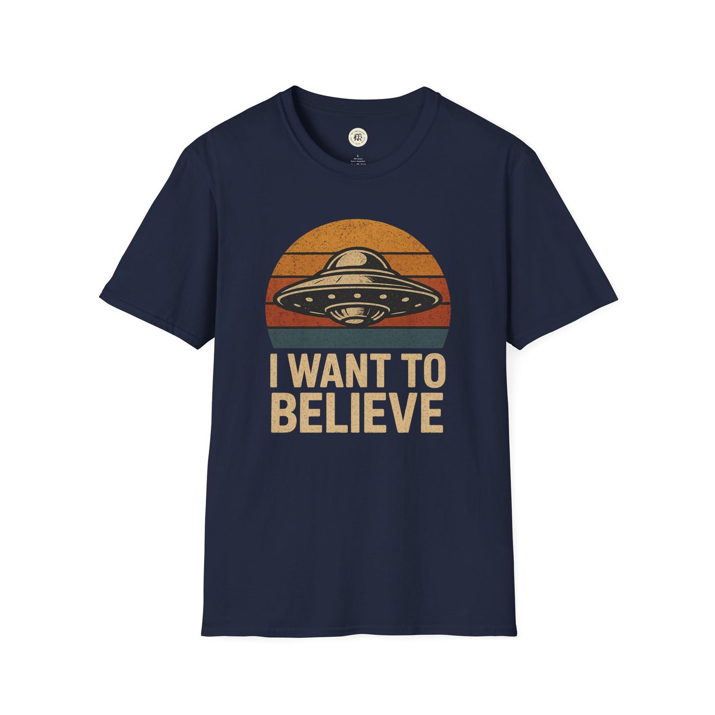 Navy blue retro UFO t-shirt with vintage flying saucer and I want to believe text design