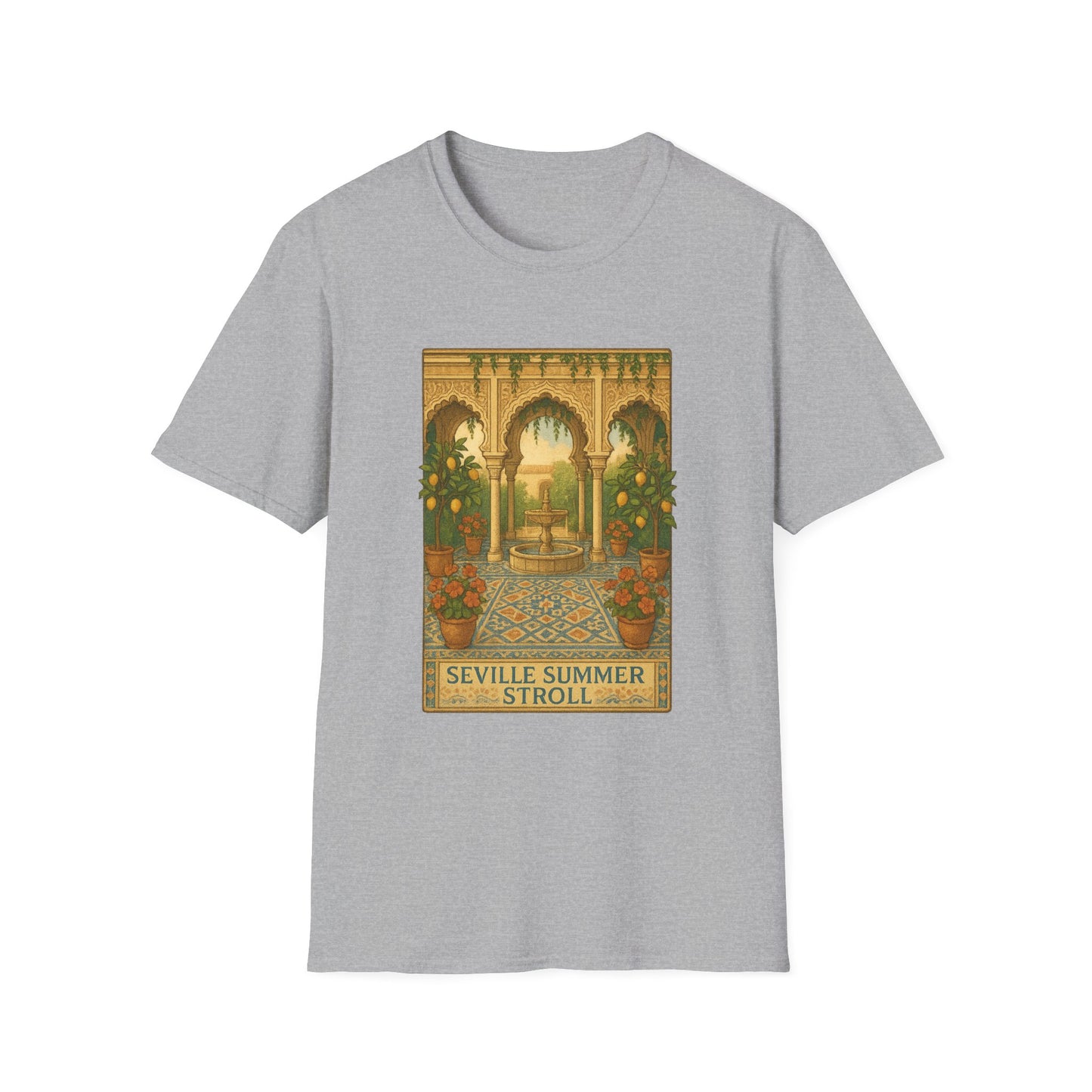 Seville Courtyard T-Shirt | Mediterranean Travel Shirt | Italy Greece Coastal Tee | Summer Graphic | Historic Style