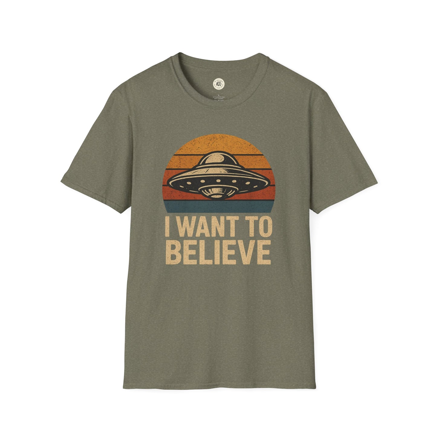 Printify retro UFO t-shirt in olive green with vintage alien spaceship and I want to believe text