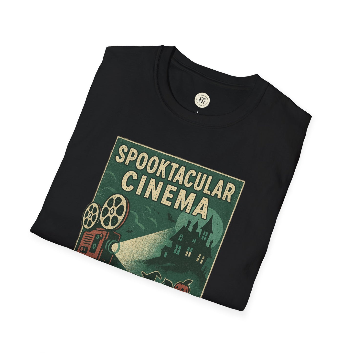 Black vintage cinema t-shirt with spooky Halloween movie projector and haunted house design