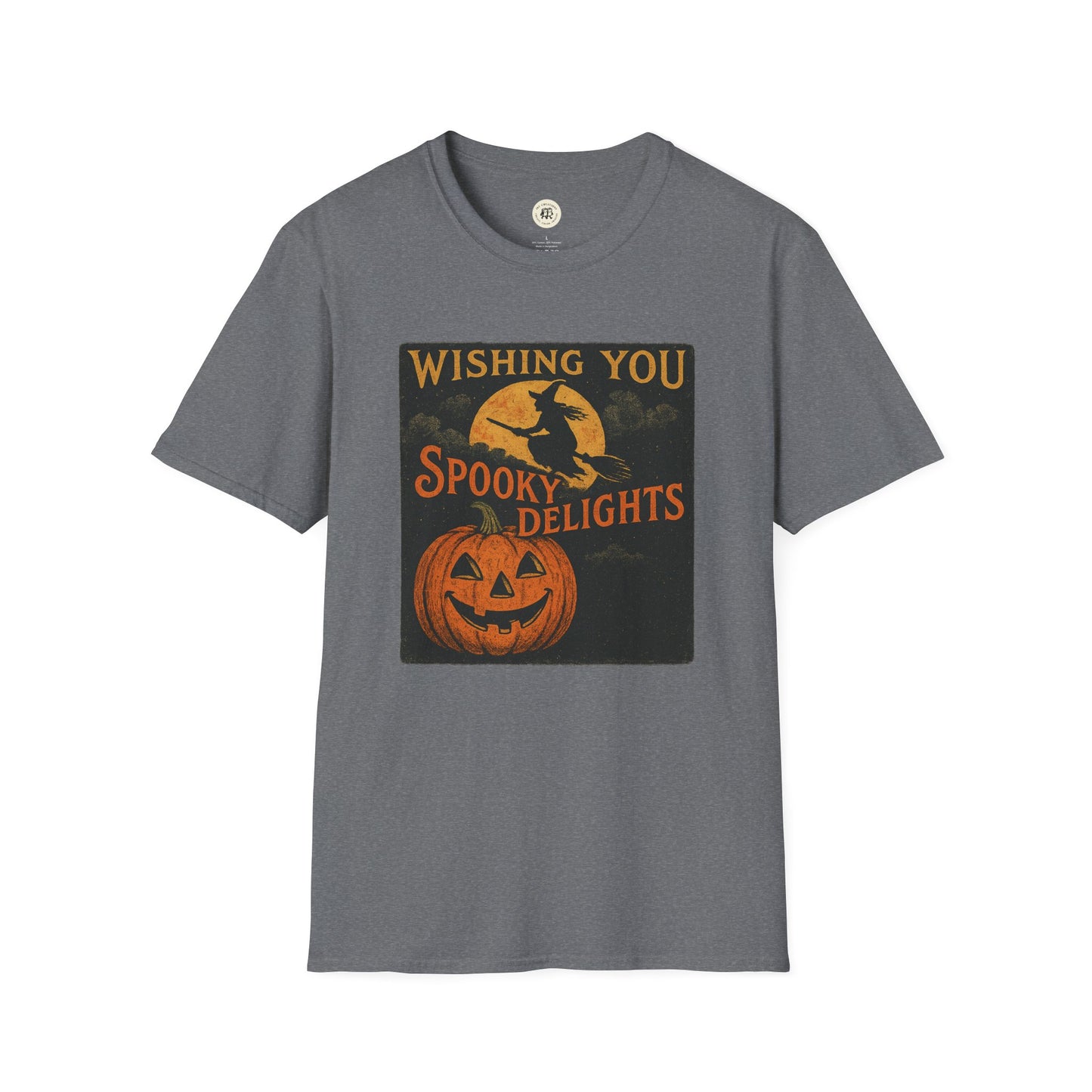 Printify gray T shirt with vintage Wishing You Spooky Delights jack o lantern and witch Halloween spooky t-shirt unisex