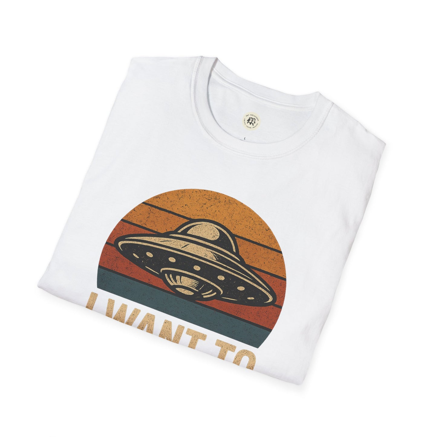White Printify retro UFO t-shirt featuring a vintage spaceship design with orange and red stripes