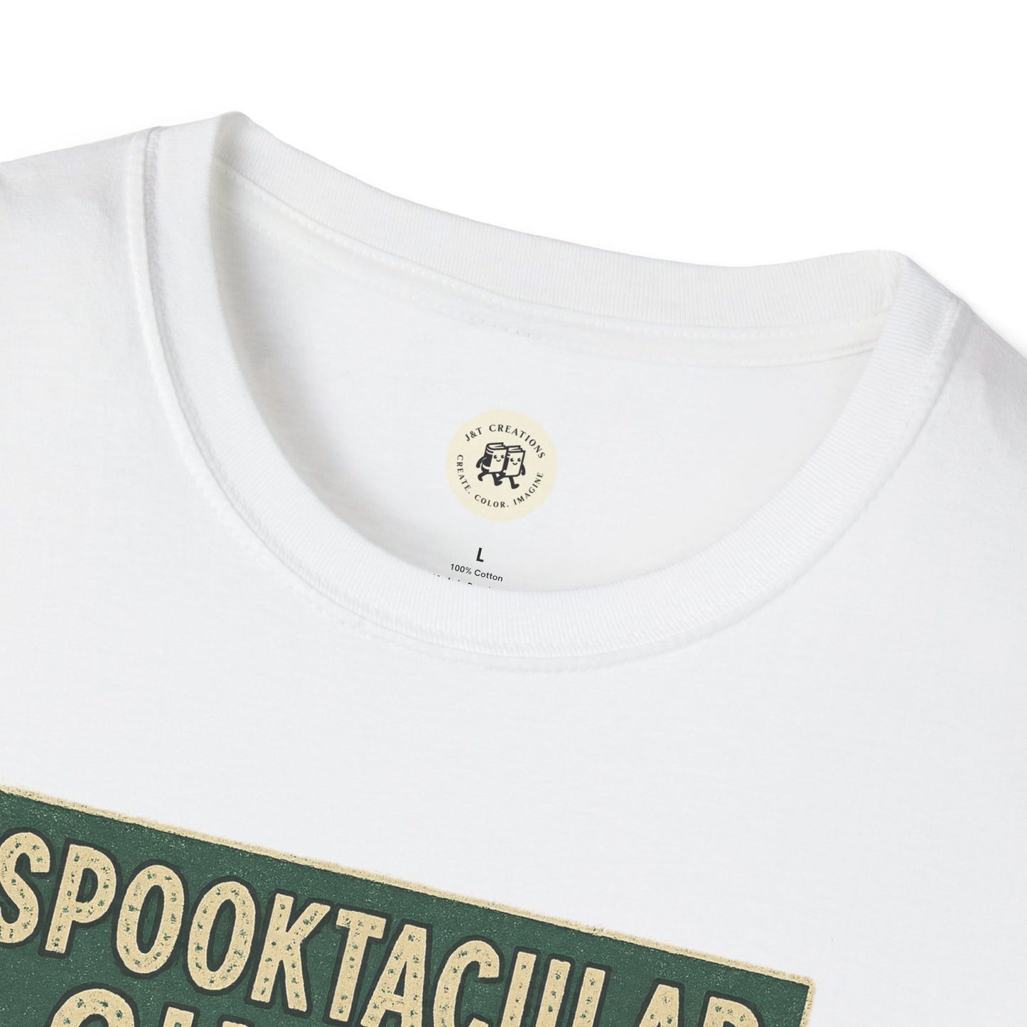 White cotton vintage cinema t-shirt with green and beige printed design by Printify