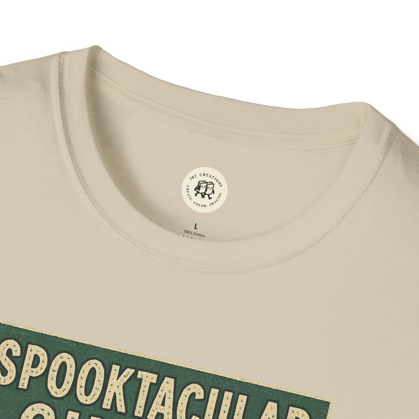 Close-up of Printify vintage cinema t-shirt with green and beige spooky text design