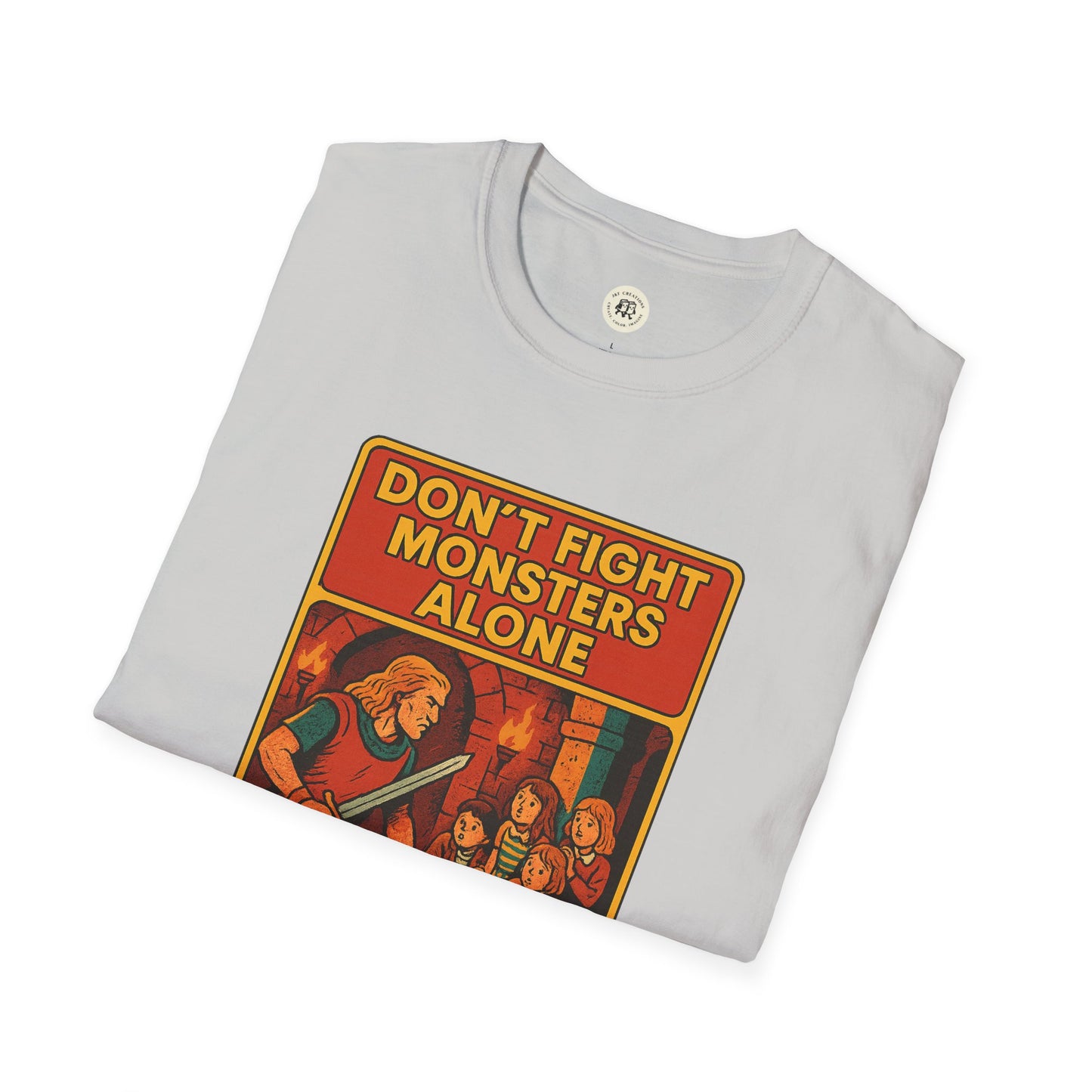 Printify Beowolf bravery t-shirt with a graphic 'Don't Fight Monsters Alone' featuring medieval warriors