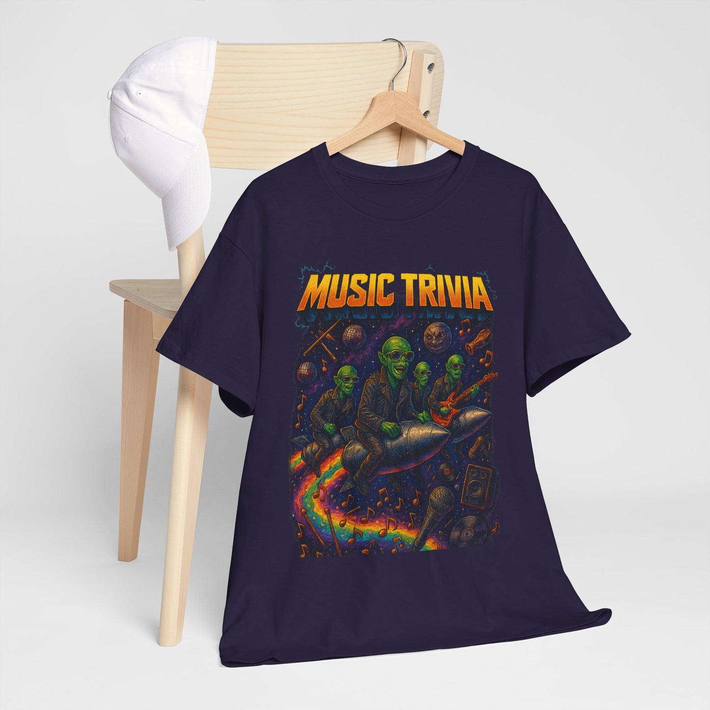 Music Trivia T-Shirt with Retro Alien Band Design