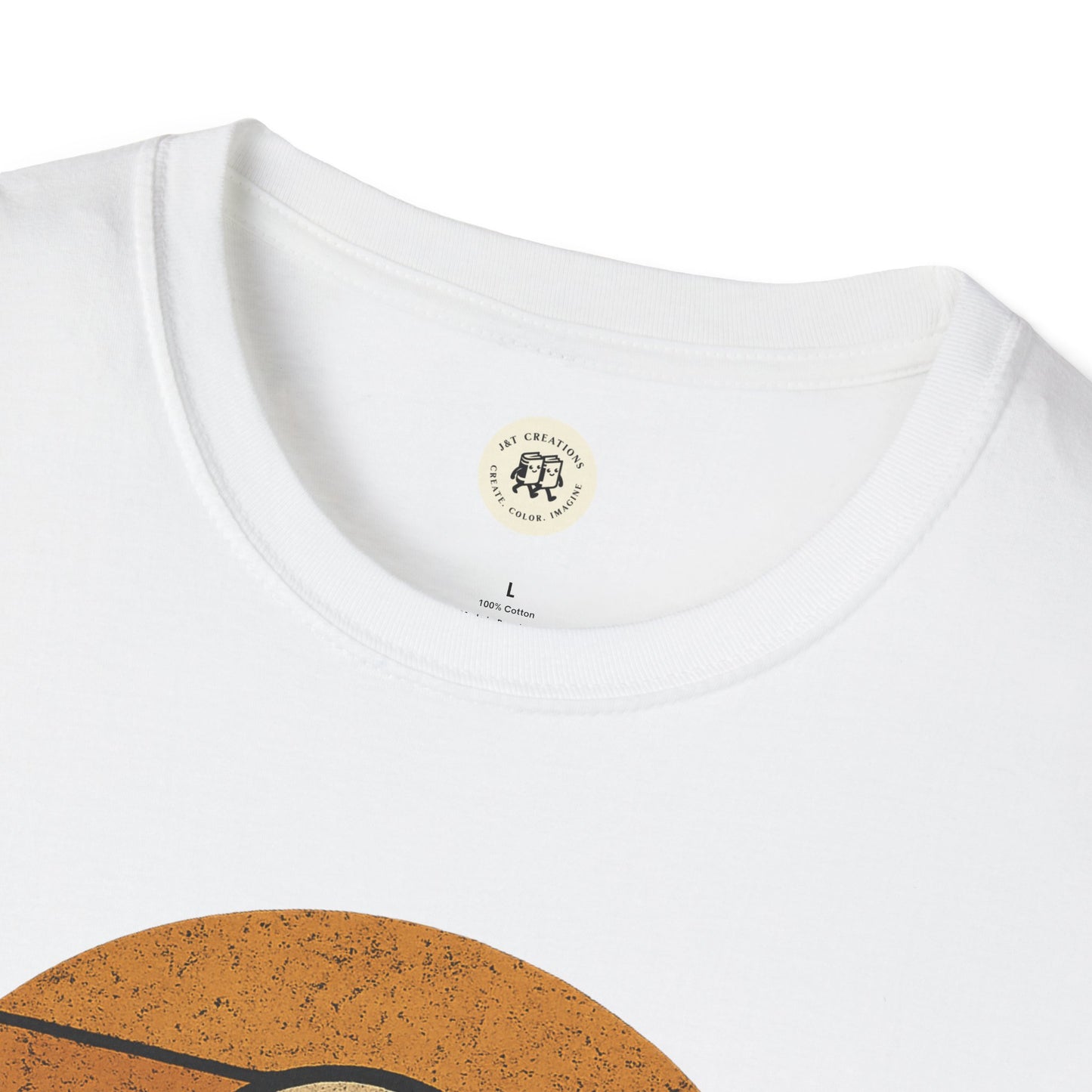 Close-up of white Printify retro UFO t-shirt with round neckline and vintage style print