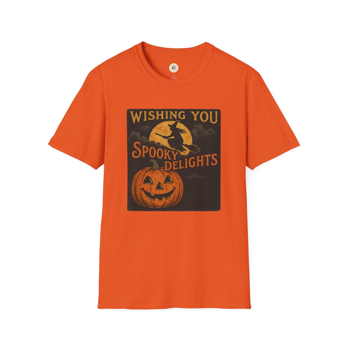 Orange Printify tee with vintage witch moon and jack o lantern graphic Wishing You Spooky Delights Halloween spooky t-shirt unisex