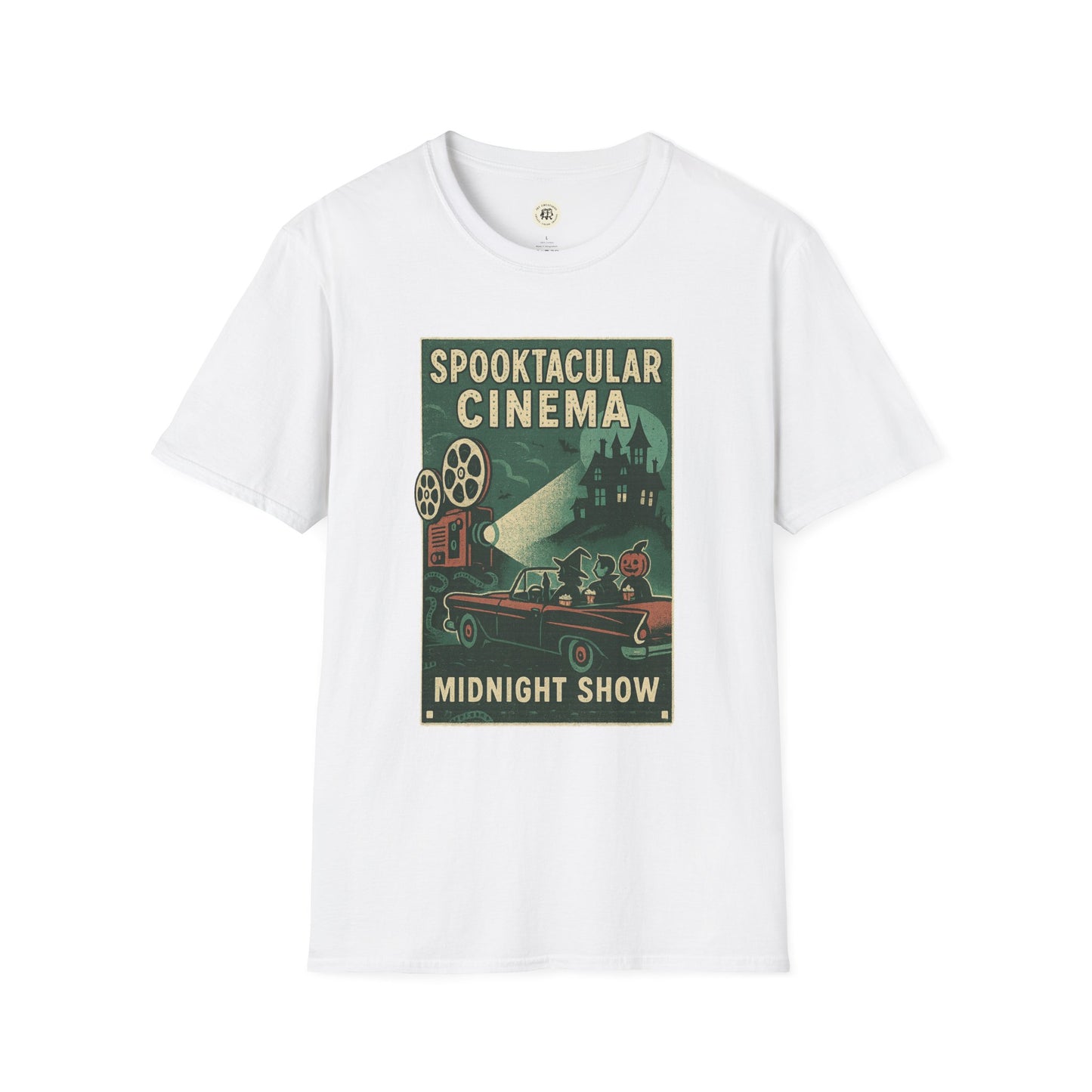 White Printify t-shirt featuring a vintage cinema t-shirt design with spooky midnight show graphics