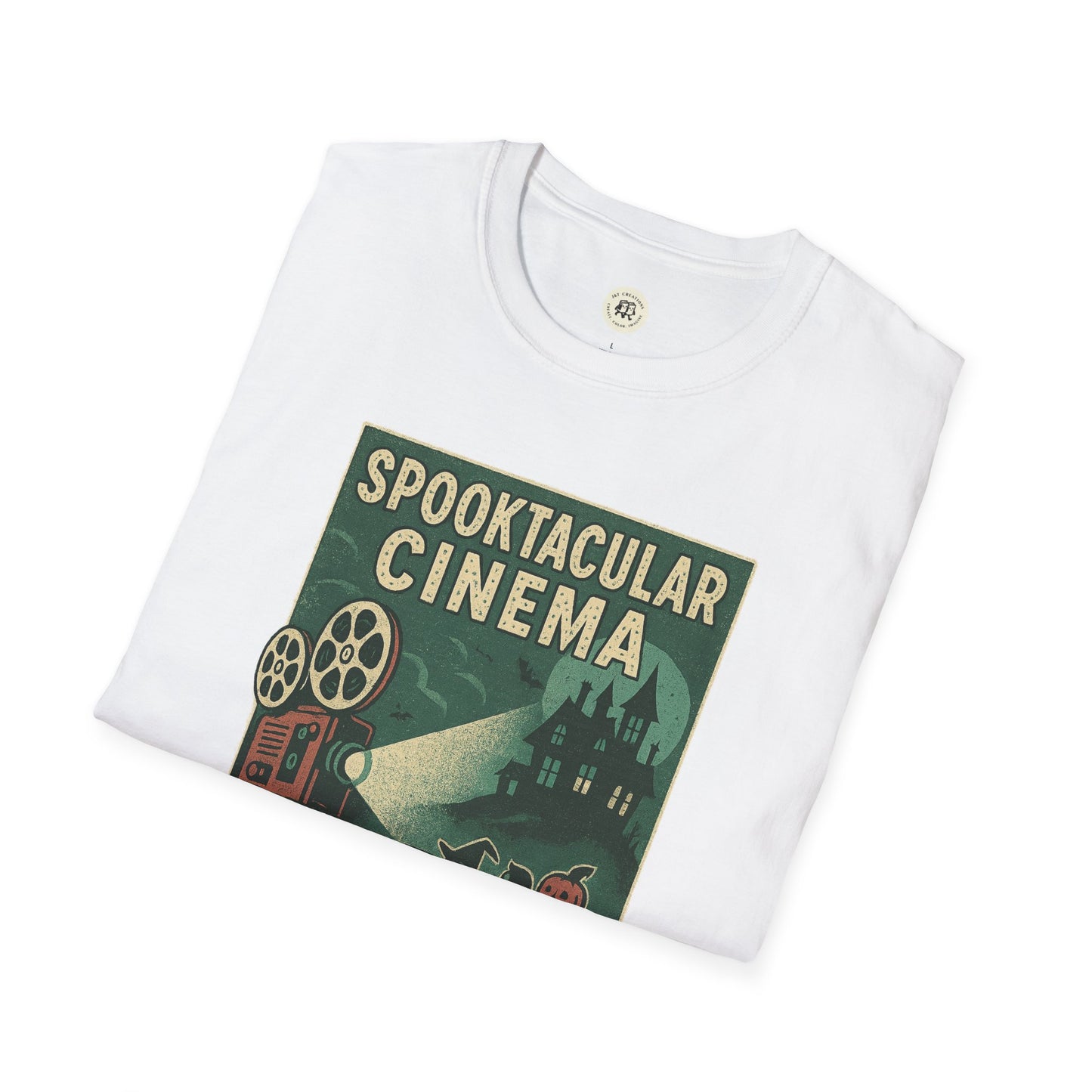 White vintage cinema t-shirt with spooky movie projector and haunted house design by Printify