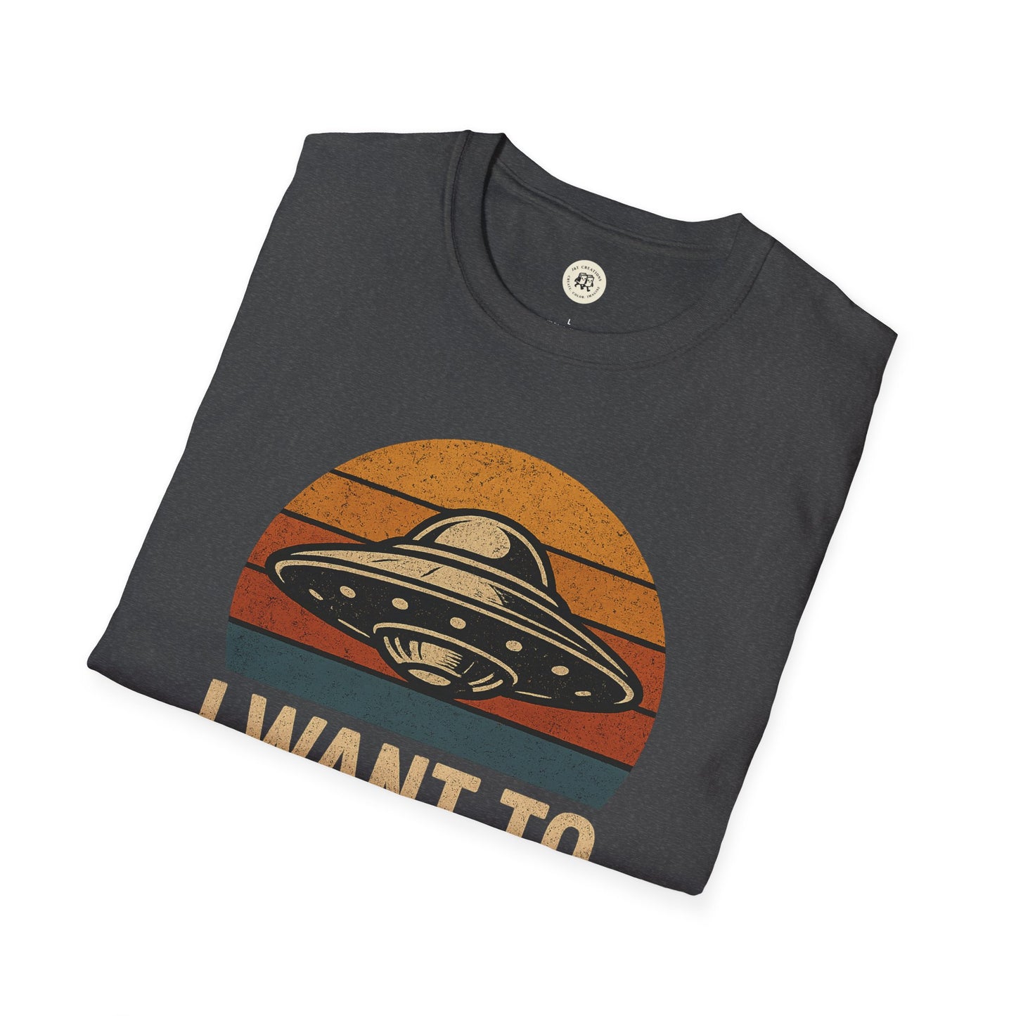 Printify retro UFO t-shirt with vintage style spaceship graphic on dark fabric