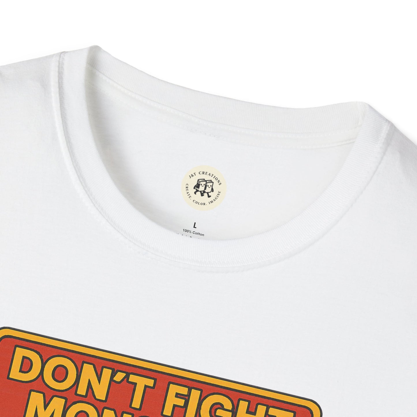 Close-up of a white Printify Beowolf bravery t-shirt showing the neckline and part of the graphic print